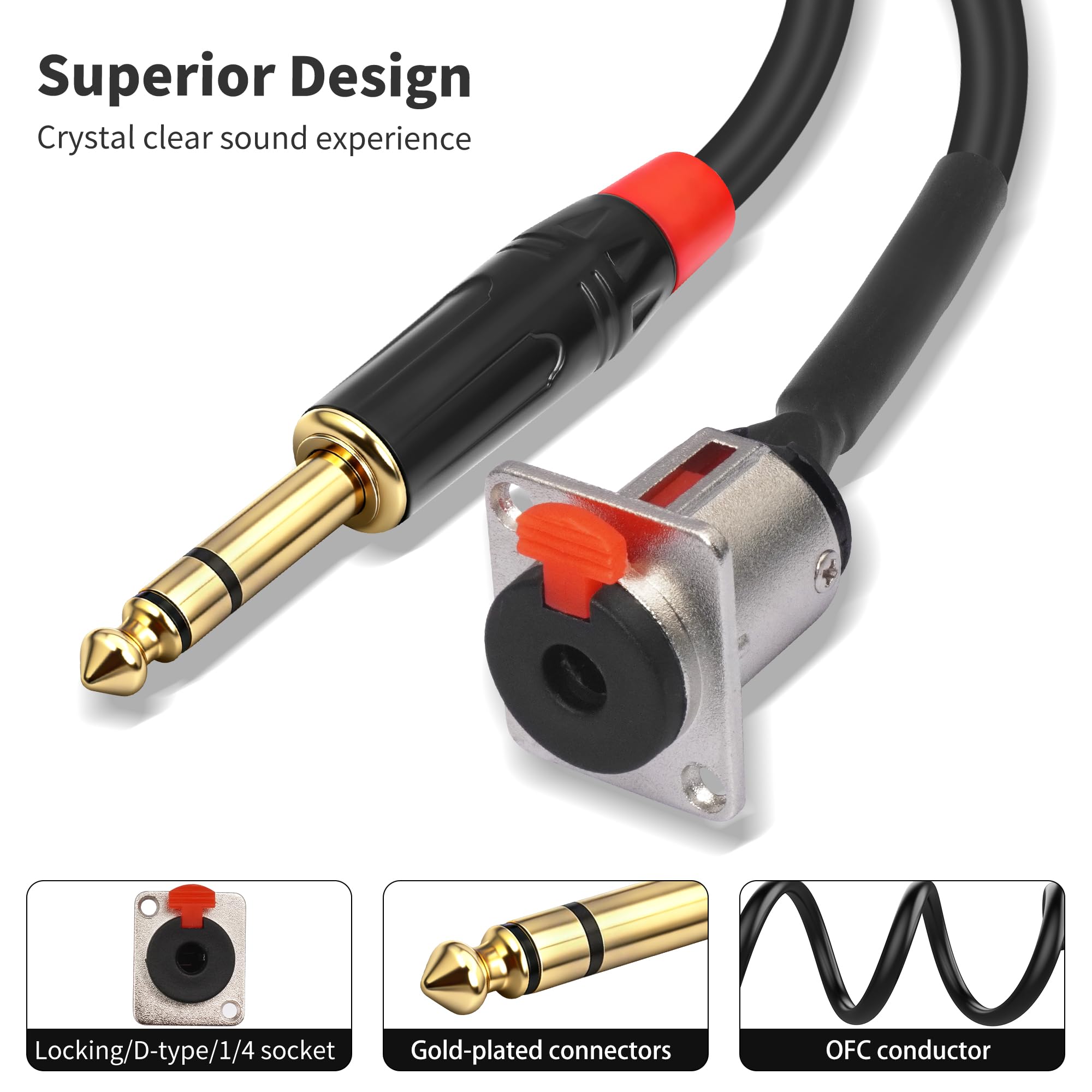Voluty Tek D-Type Panel 1/4″ 6.35MM Female to 6.35MM Male Stereo Jack Cable TRS Female Solderless Wall Plate to 1/4 Male Cable 60CM 2FT 2PCS