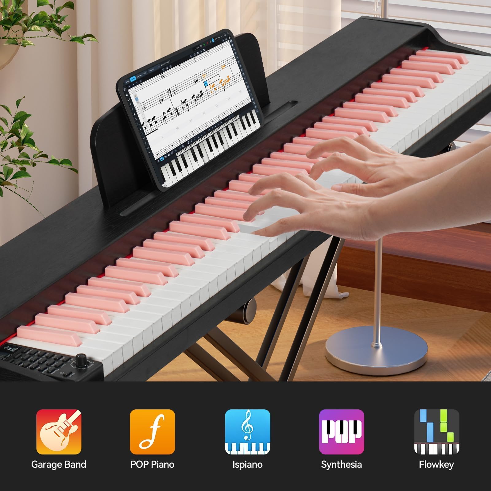 ZHRUNS 88 Key Weighted Keyboard Piano with Sustain Pedal, Power Adapter & Sheet Music Stand – Home Digital Piano, Black Pink (Keyboard Only)