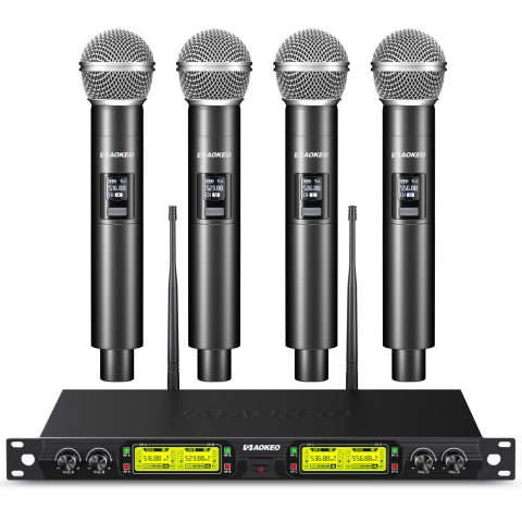 Aokeo Wireless Microphones System, 4 Channel UHF Wireless Mics,with 4 Handheld Dynamic Microphones,Metal Receiver for Karaoke,Singing,Wedding,Party,Speech,Church