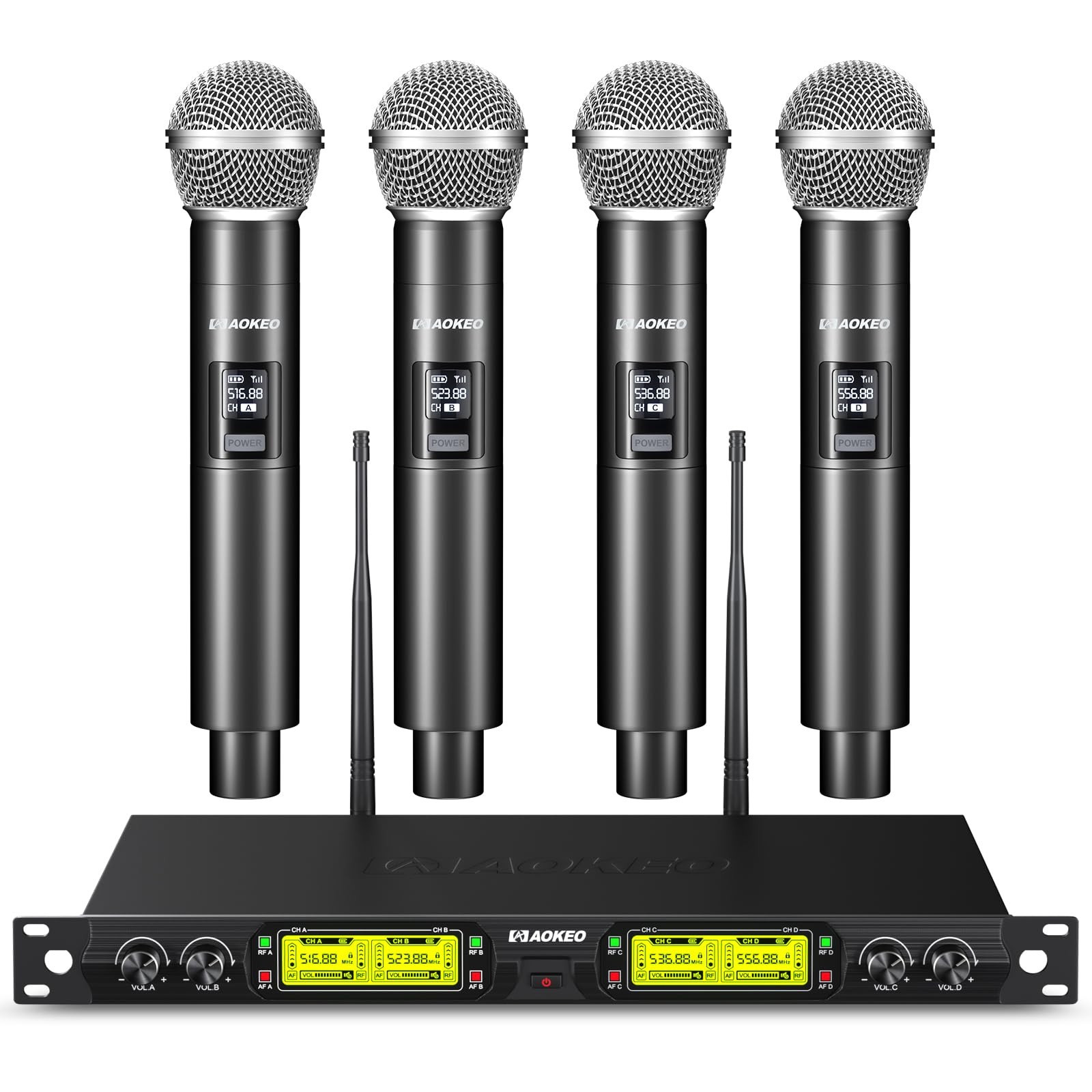 Aokeo Wireless Microphones System, 4 Channel UHF Wireless Mics,with 4 Handheld Dynamic Microphones,Metal Receiver for Karaoke,Singing,Wedding,Party,Speech,Church