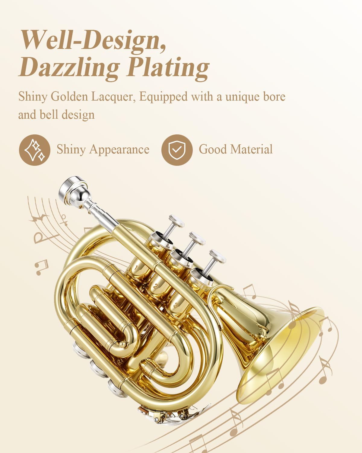 Eastar Bb Pocket Trumpet Brass, Golden, Case Full Kit, ETR-330