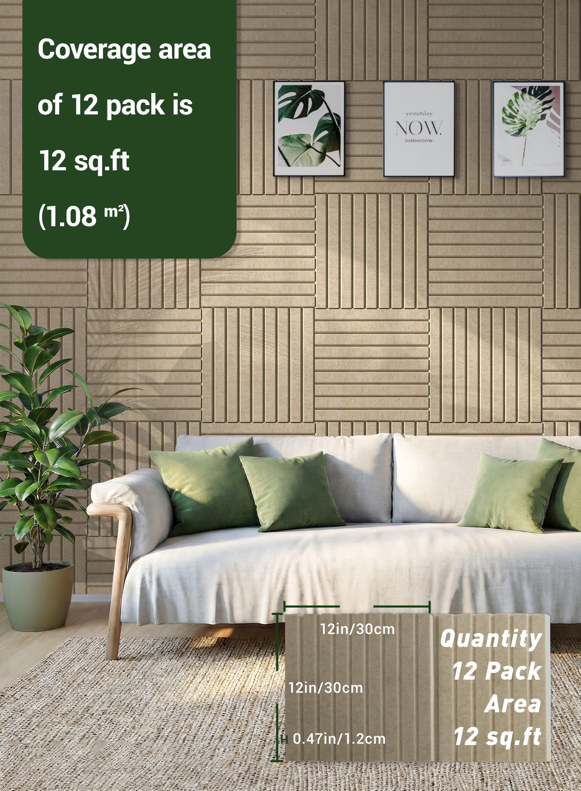 Waister Soundproof Wall Panels, 12‑Pack, 0.47 Inch Thick -Deep Camel