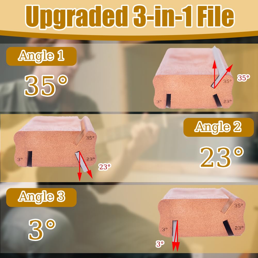 3/23/35 Degree Walnut Fret End Beveling File – 3-in-1 Guitar Fret Dressing, Crowning & Beveling Tool – Luthier Kit with Fret File, File Strips, Fret Guard Set & More for Guitar, Bass, Ukulele & Banjo