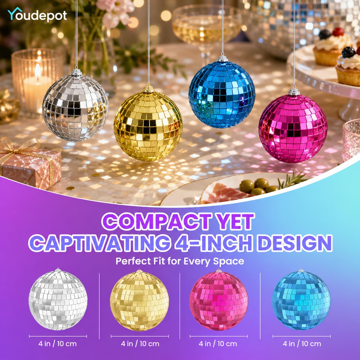 Youdepot Disco Ball 4-Pack 4″ Hanging Christmas Decor