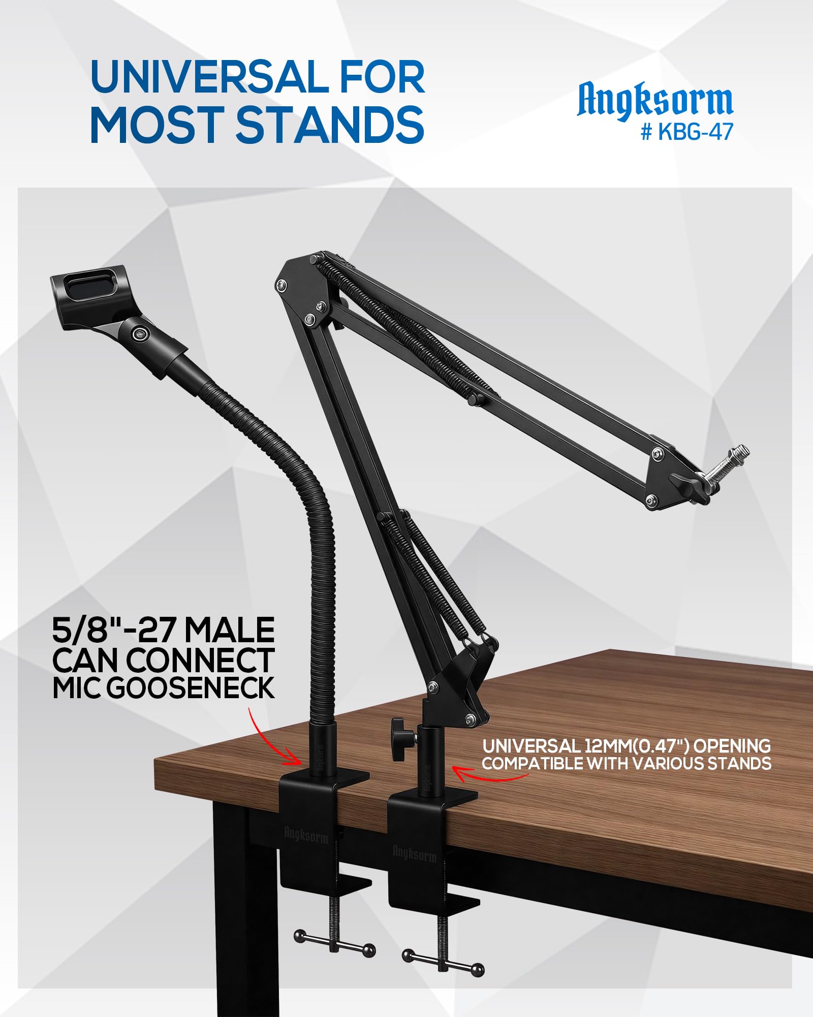 KBG-47 Metal Mic Desk Clamp, 12mm Socket, 5/8-27 and 3/8-16 Threads