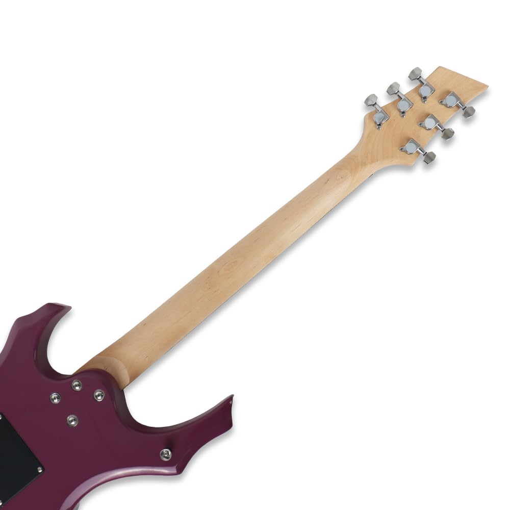 Demusea Purple Color Unique Cool Shape Electric Guitar Beginner Kit With Non-Rechargeable 20W Amp HSH Pickup 24Fret 25.5 Inch Scale Length 1V 1T 5Ways Toggle Solid Body Maple Neck Full Accessories In