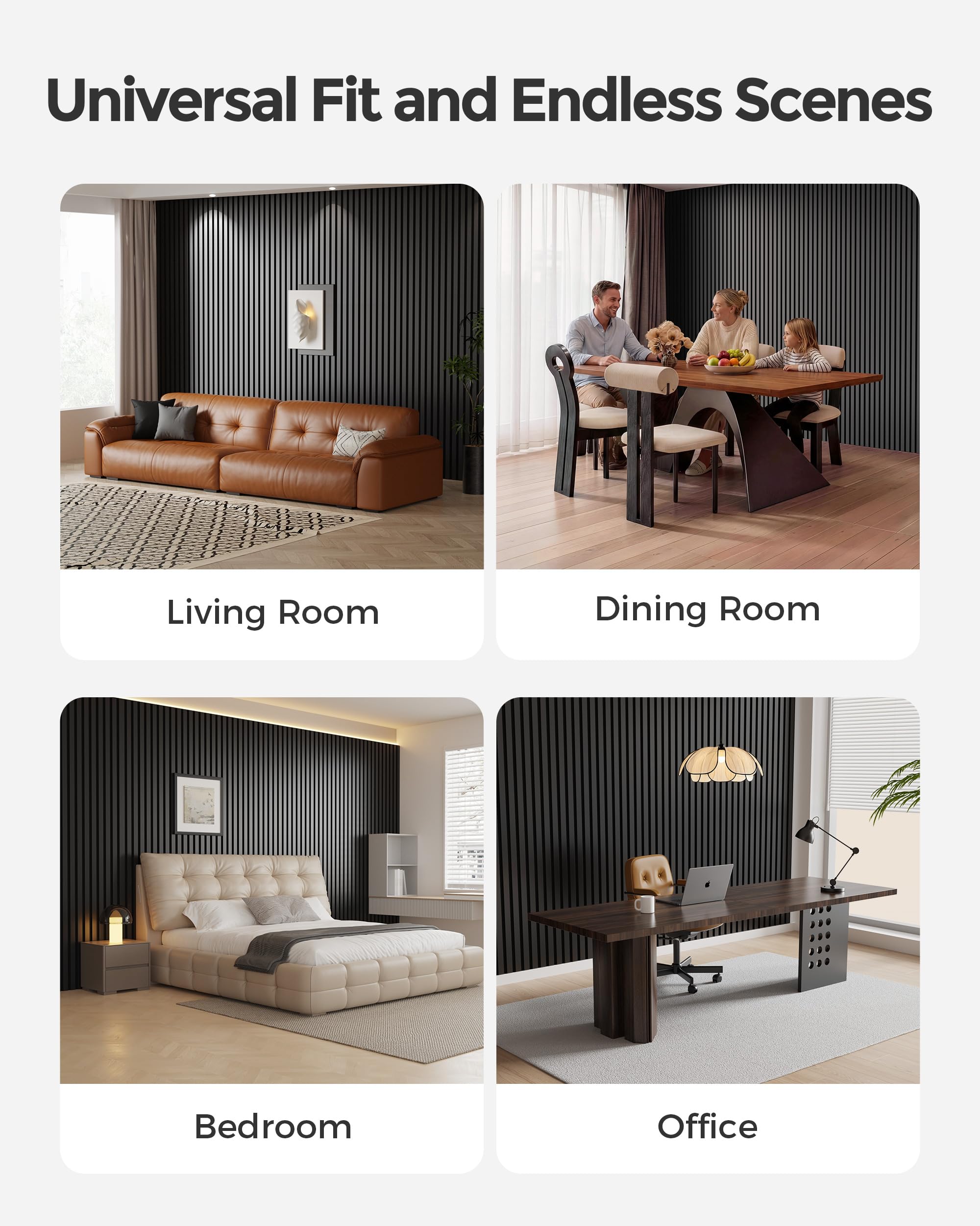 Higrelife Acoustic Wood Slat Wall Panels 94.5×12.6in 2-Pack Matte Black