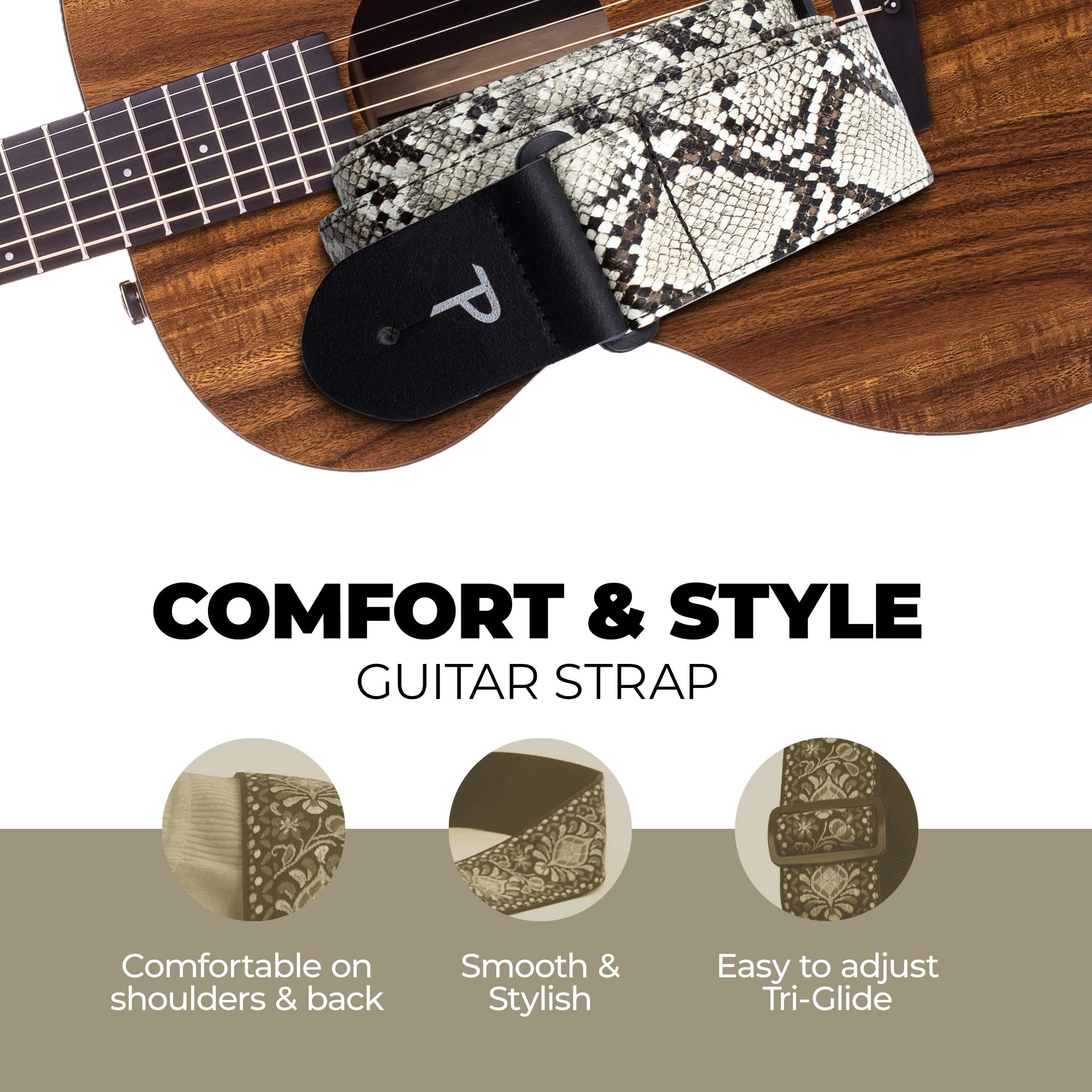 Perri’s Leathers Faux Snake Skin Guitar Straps, 39″ – 58″, Beige, Jacquard Patterned, Adjustable Length, Leather Ends, Non-Slip & Durable, Electric, Bass, Acoustic Guitar Strap