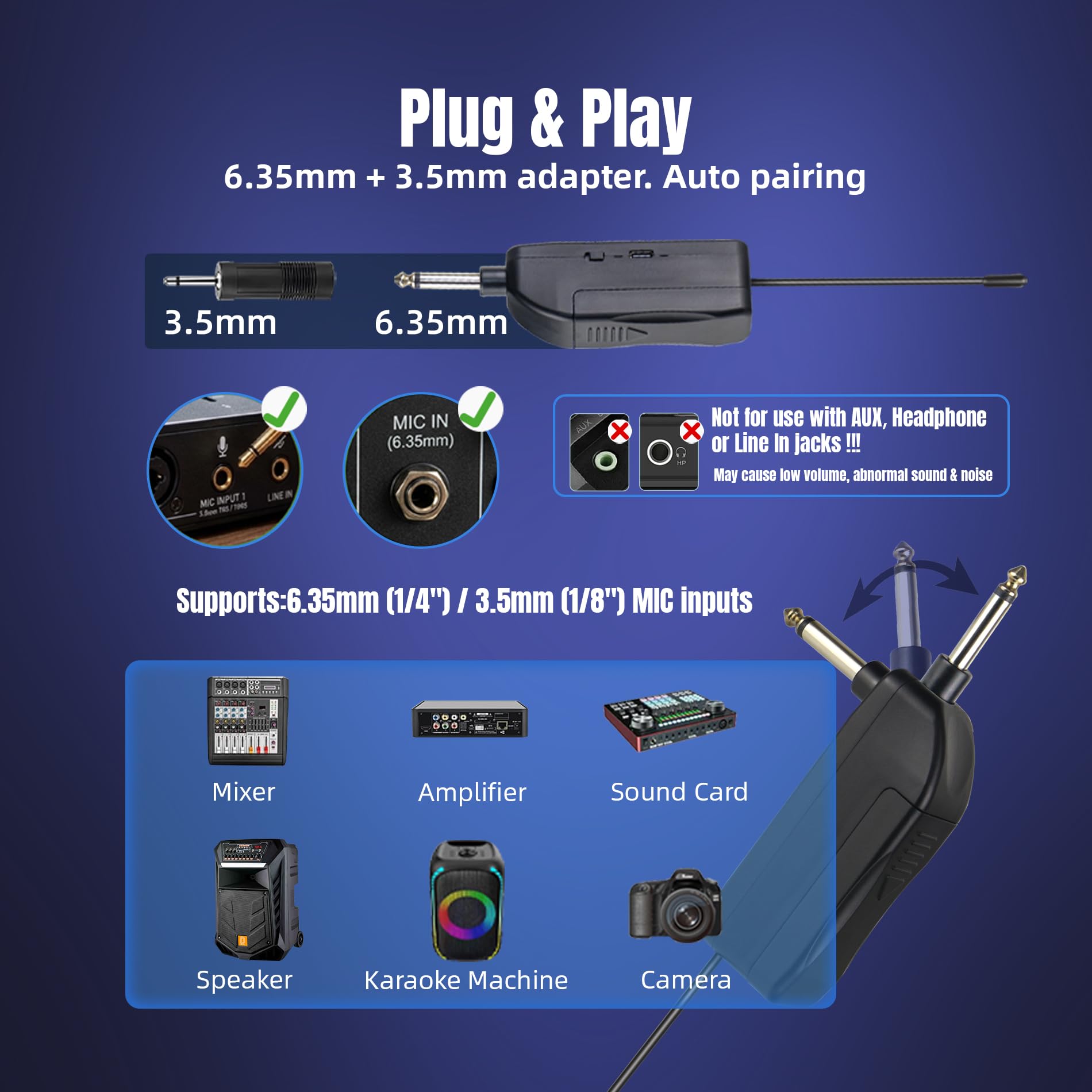 WONATU Wireless Karaoke Microphone, Rechargeable Wireless Microphone System for Singing and Karaoke, 2.4G Handheld Wireless Microphones with Type-C Charging, 500 ft Range, 6.35mm/3.5mm Mic Input