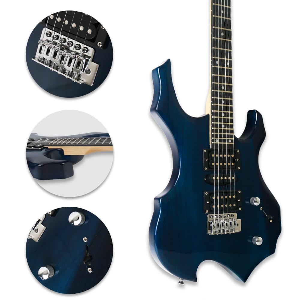 Demusea Full Size 39 Inch Electric Guitar Kit With Standard 20W Amplifier Bundle Solid Body Maple Neck Trans Blue Color 25.5 Scale length HSH Pickup Single Tremolo 24Fret All-in-One Starter Kit Choice
