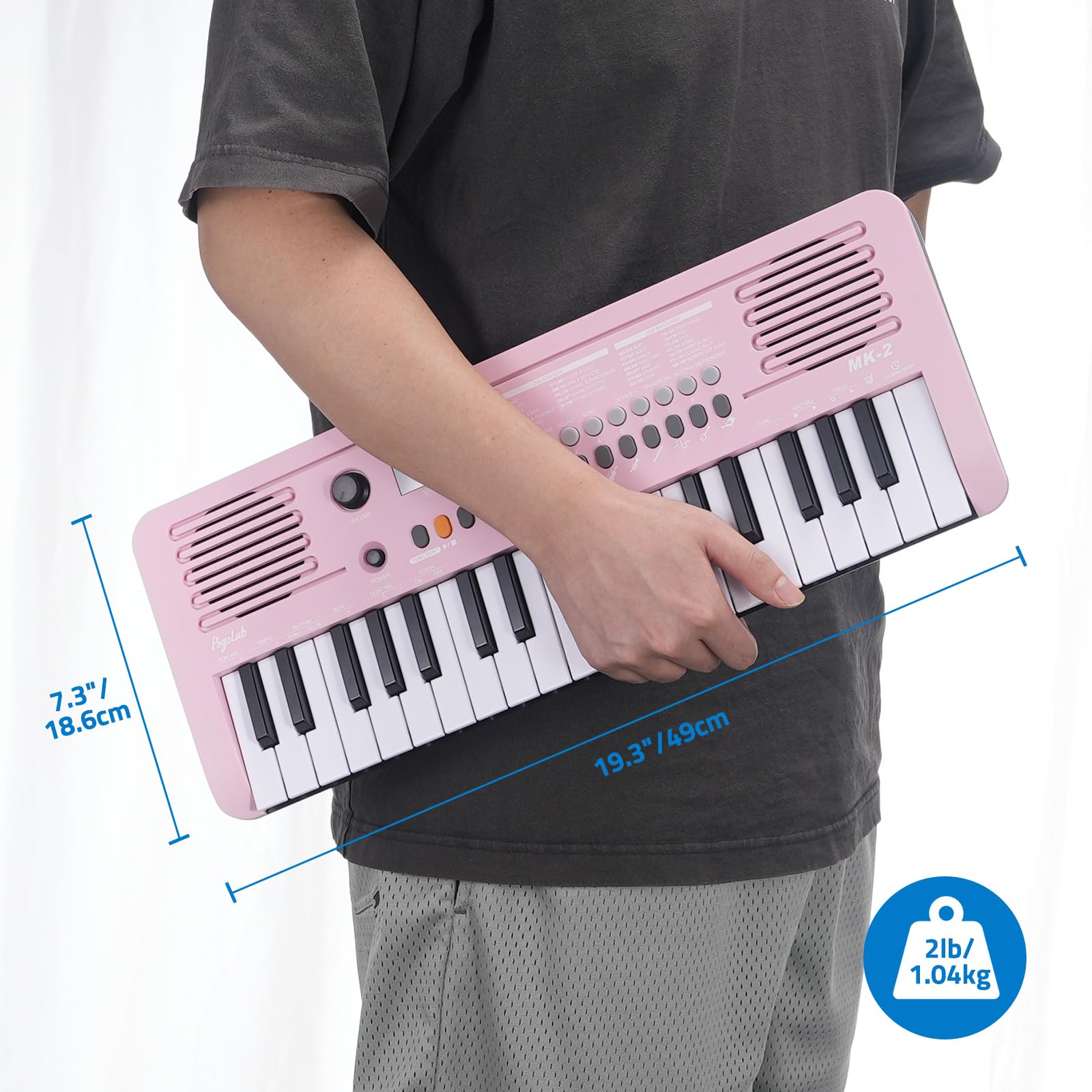 POGOLAB MK-2 37 Keys Kids Keyboard Piano, Portable Small Keyboard with 40 Songs, 200 Sounds, with MIDI Function, LED Display & Dual Speakers, Compact Mini Music Piano for Kids/Beginners (Pink)