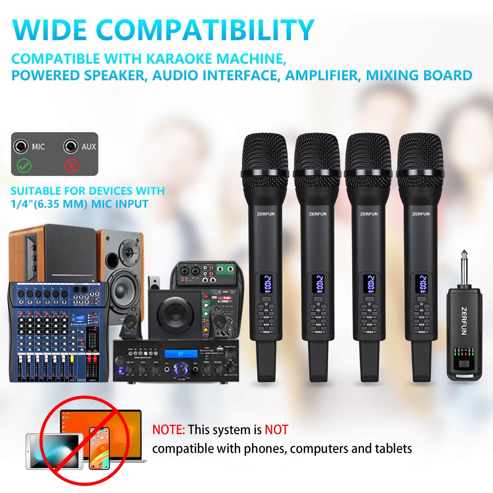 ZERFUN Rechargeable Wireless Microphones 4 Pack, D240, Black