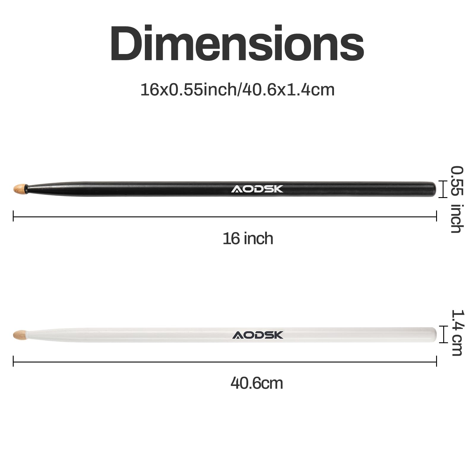 AODSK 5A Drum Sticks, Hickory Wood, Tear Drop Tip, 2 Pairs, Black & White