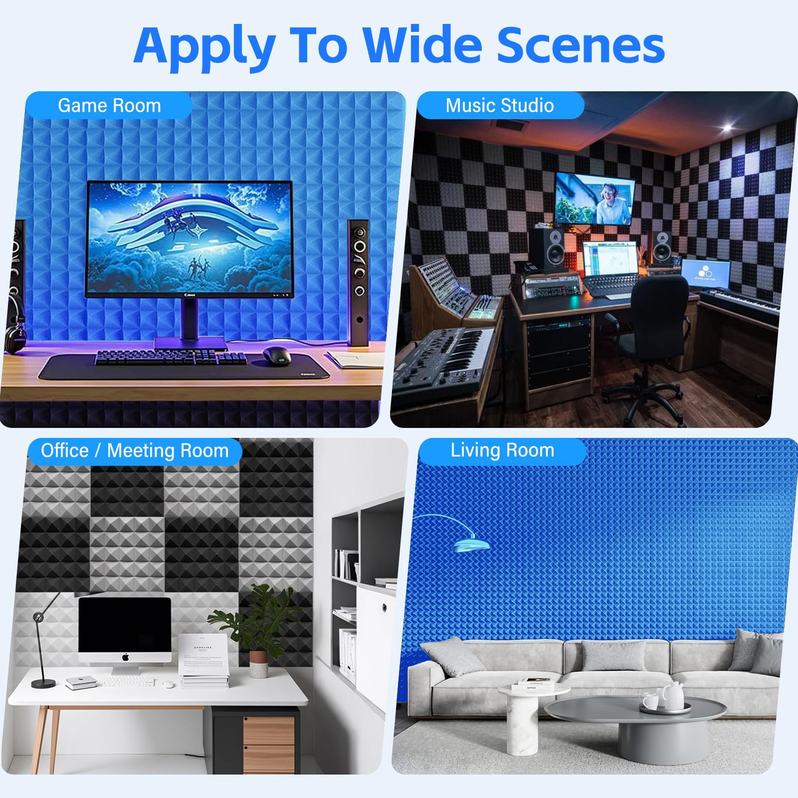 Pyramid Sound Proof Foam Panels 12 Pack, Bwaliffury High Density Self-Adhesive Sound Absorbing, 12″ X 12″ X 2″ Fire Resistant Acoustic Foam Panels, Sound Panels, Studio Foam for Wall, Ceiling (Blue)