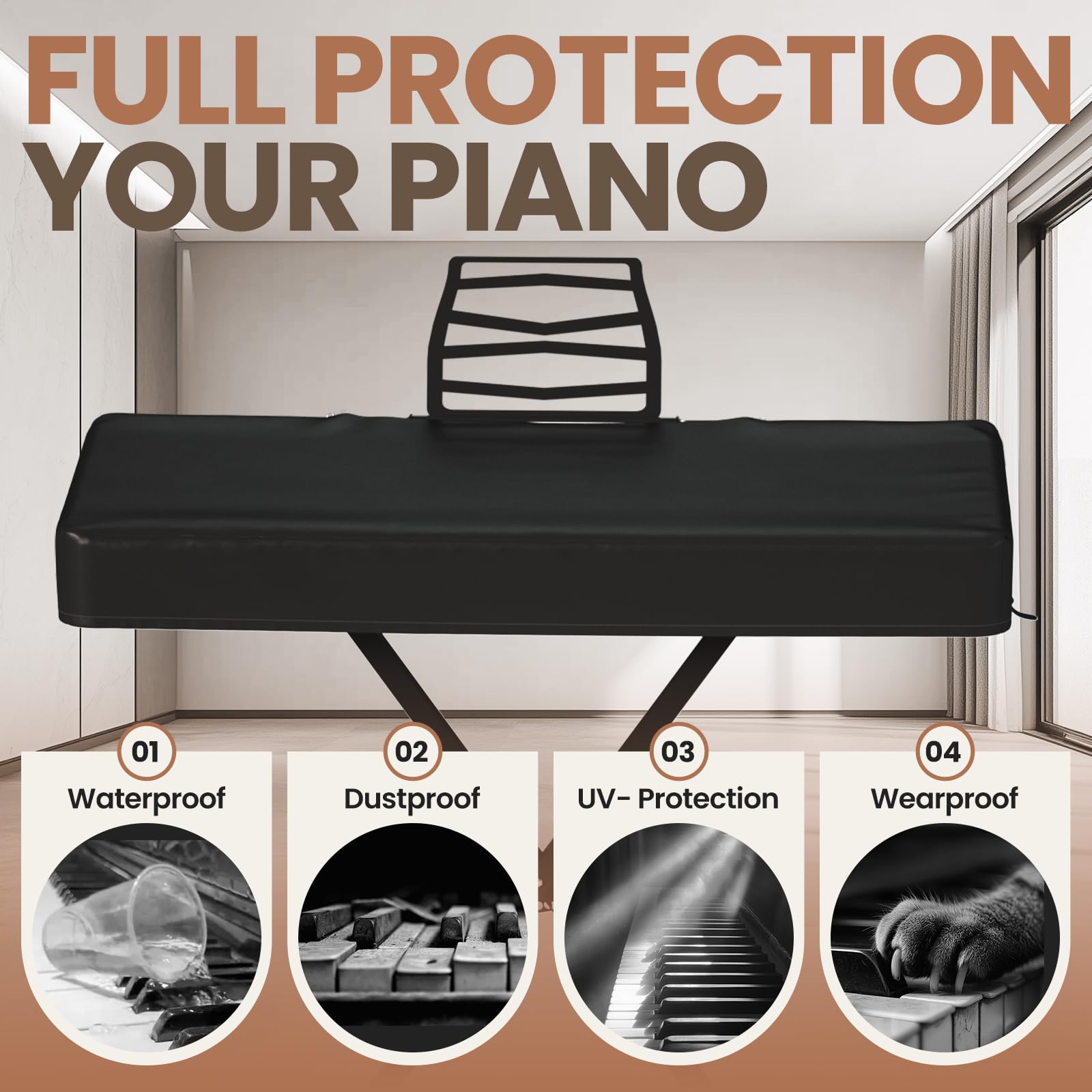 FOLU 61/88Keys Electric Piano Keyboard Dust Cover – Waterproof, Dustproof, Scratch-Resistant, Adjustable Fit, Machine Washable – 37″(L) x 14″(W) x 5″/4.7″(H) (61keys-black)
