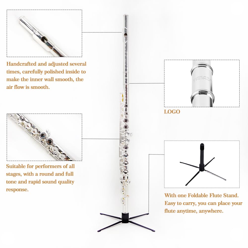 YANASON C Flute Closed Hole 16 Keys Flute Silver-plated for Beginner, Adults,Student with Leather case, Metal stand, Gloves, Tuning Rod, Cleaning kit(16 Silver)