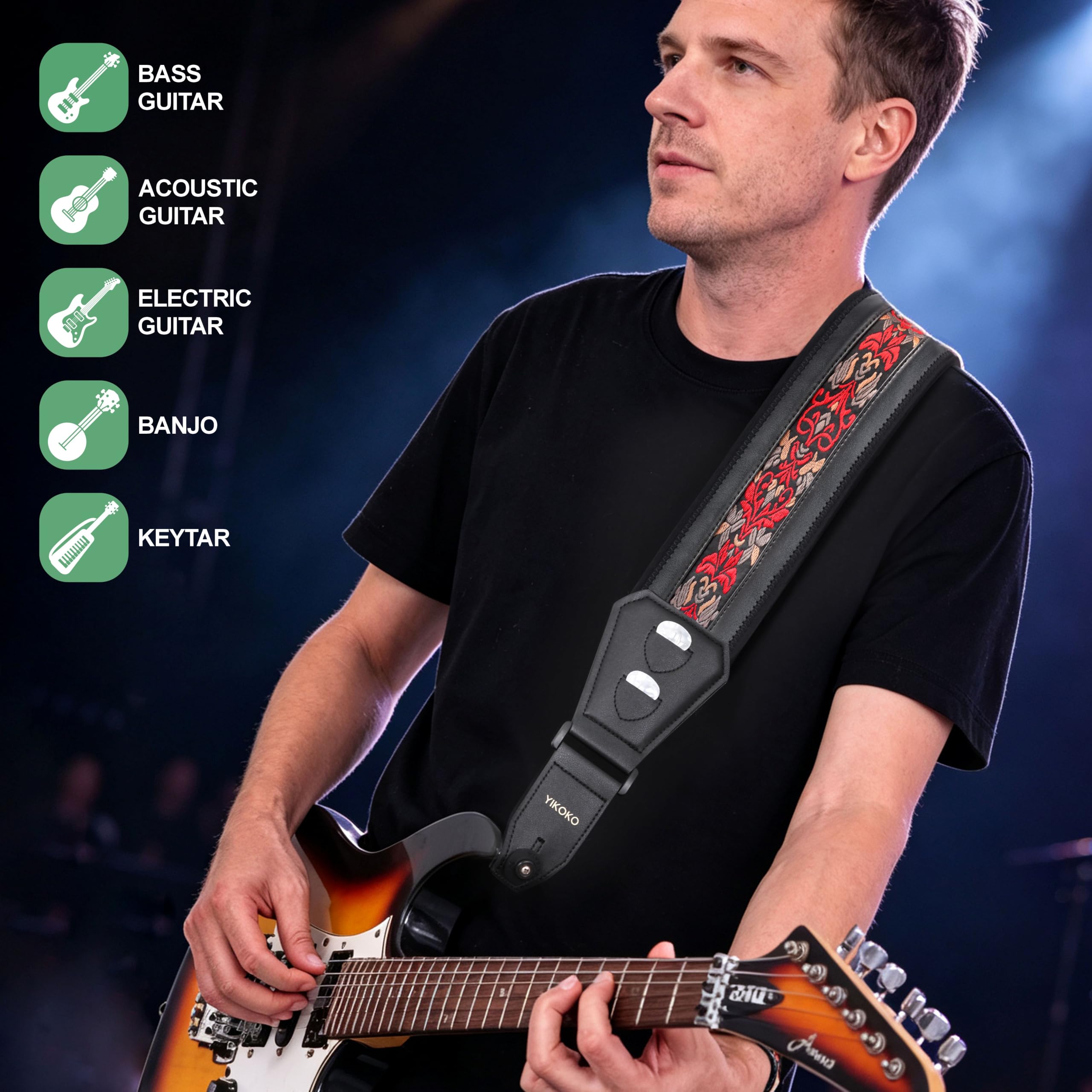 YIKOKO Bass Guitar Straps for Electric Guitar & Bass 3.6″ Wide Padded Straps, Cotton Embroidered, Adjustable Length, with 3D Sponge Filled Foam Pad, with 4 Picks and 2 Strap Locks