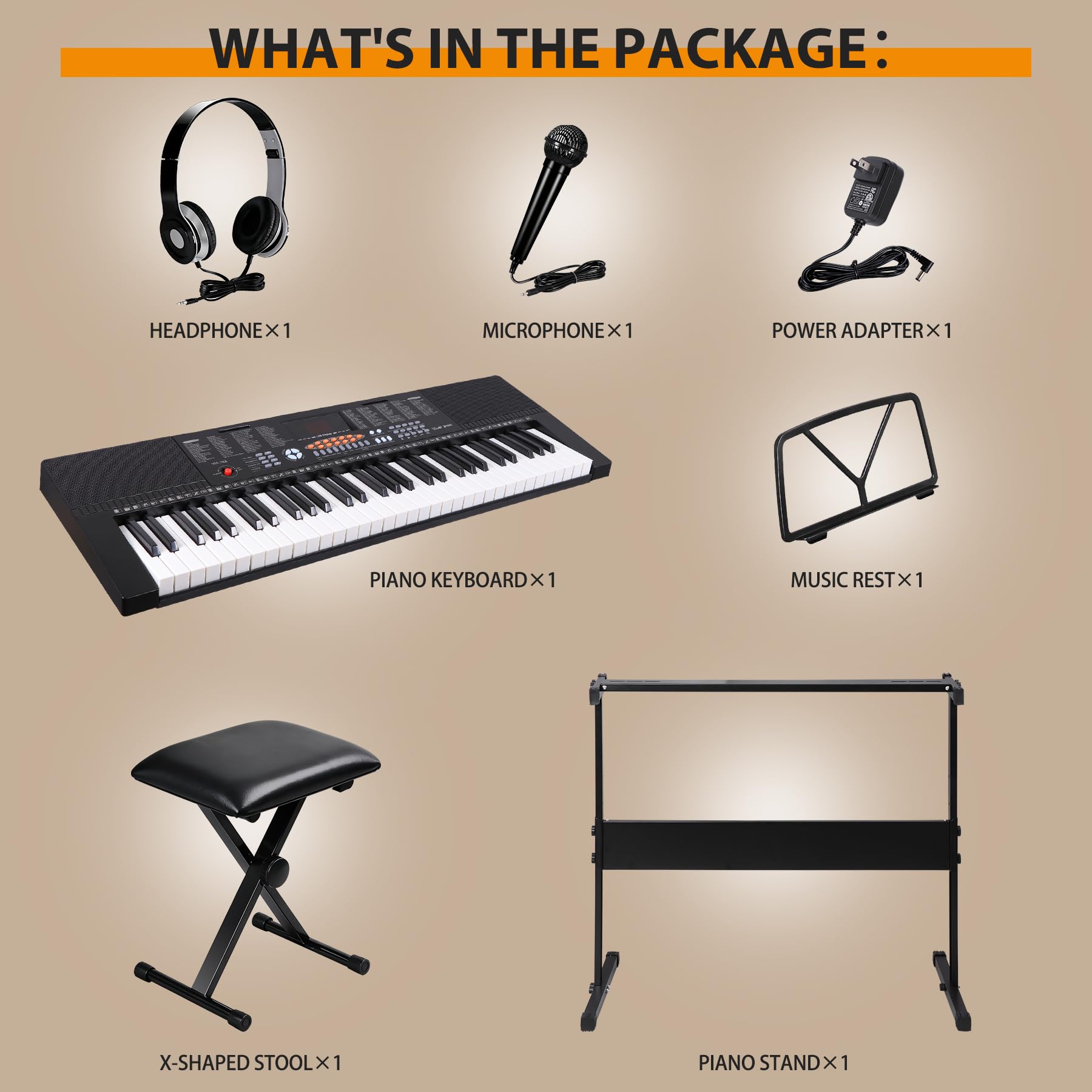 Smartxchoices 61-Key Electronic Keyboard Piano Stand Portable LED Display Keyboard Kit with Adjustable Stand, Adjustable Stool, Headphones, Microphone & Music Rest