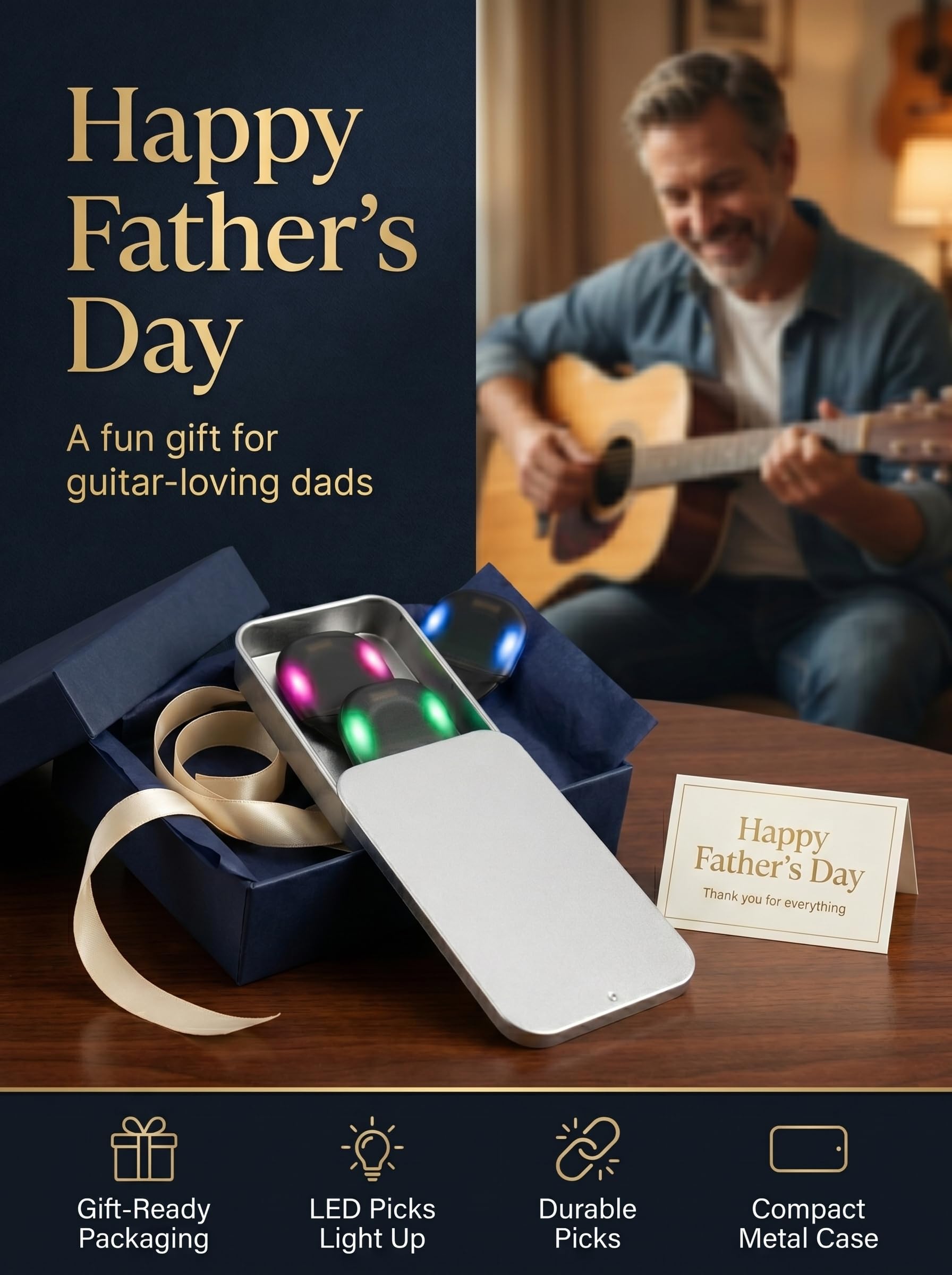 Auto Glowing Glow in the Dark LED Guitar Pick Set – 2 Light Up Picks with Replaceable Battery & Metal Case, Cool Guitar Gifts & Fun LED Guitar Accessory for Acoustic, Electric & Bass Players (2 Color)