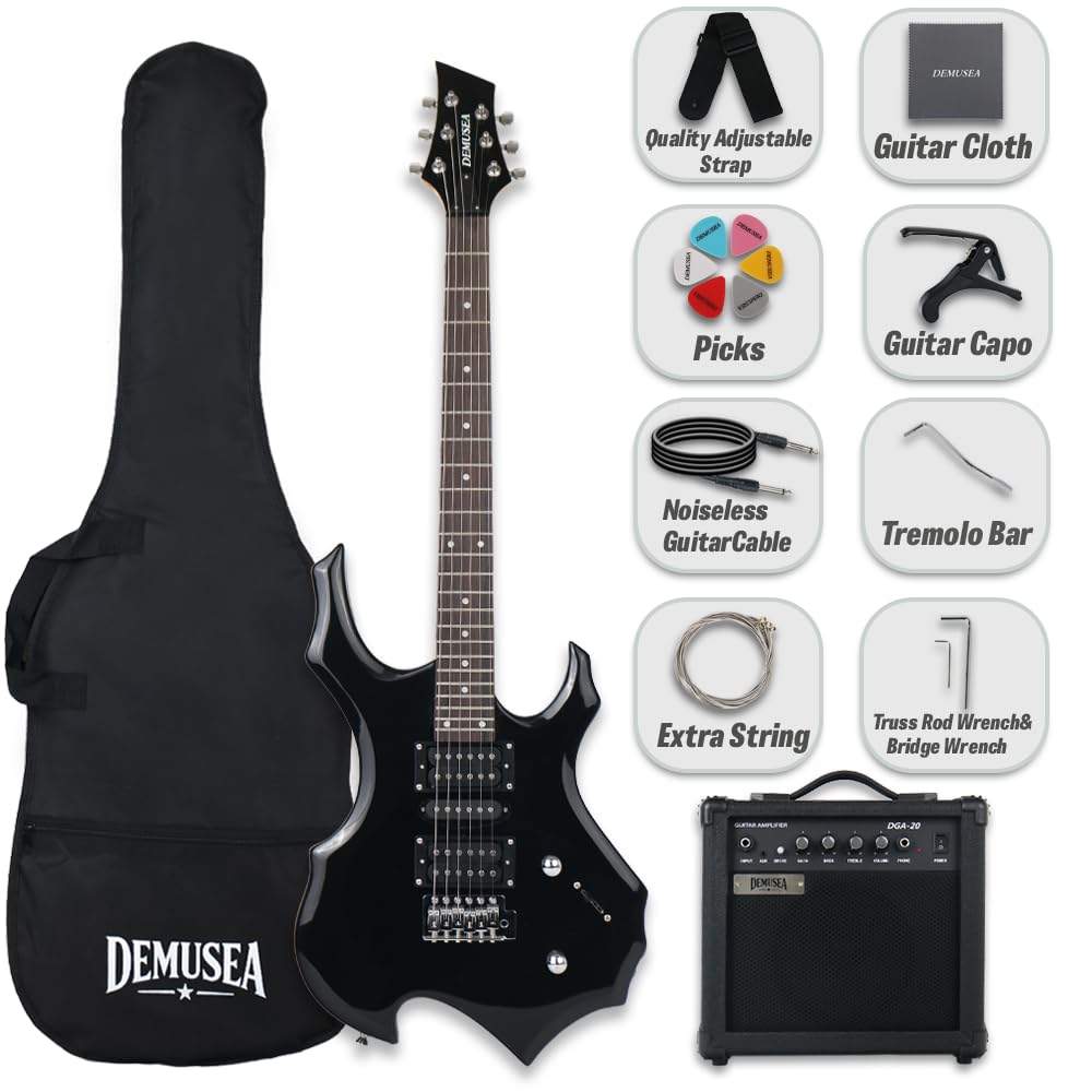Demusea Golssy Black Cool Shape Electric Guitar With 20W Amplifier Set Non Recharge Solid Wood Build For Starter Practice (FIRE, Black)