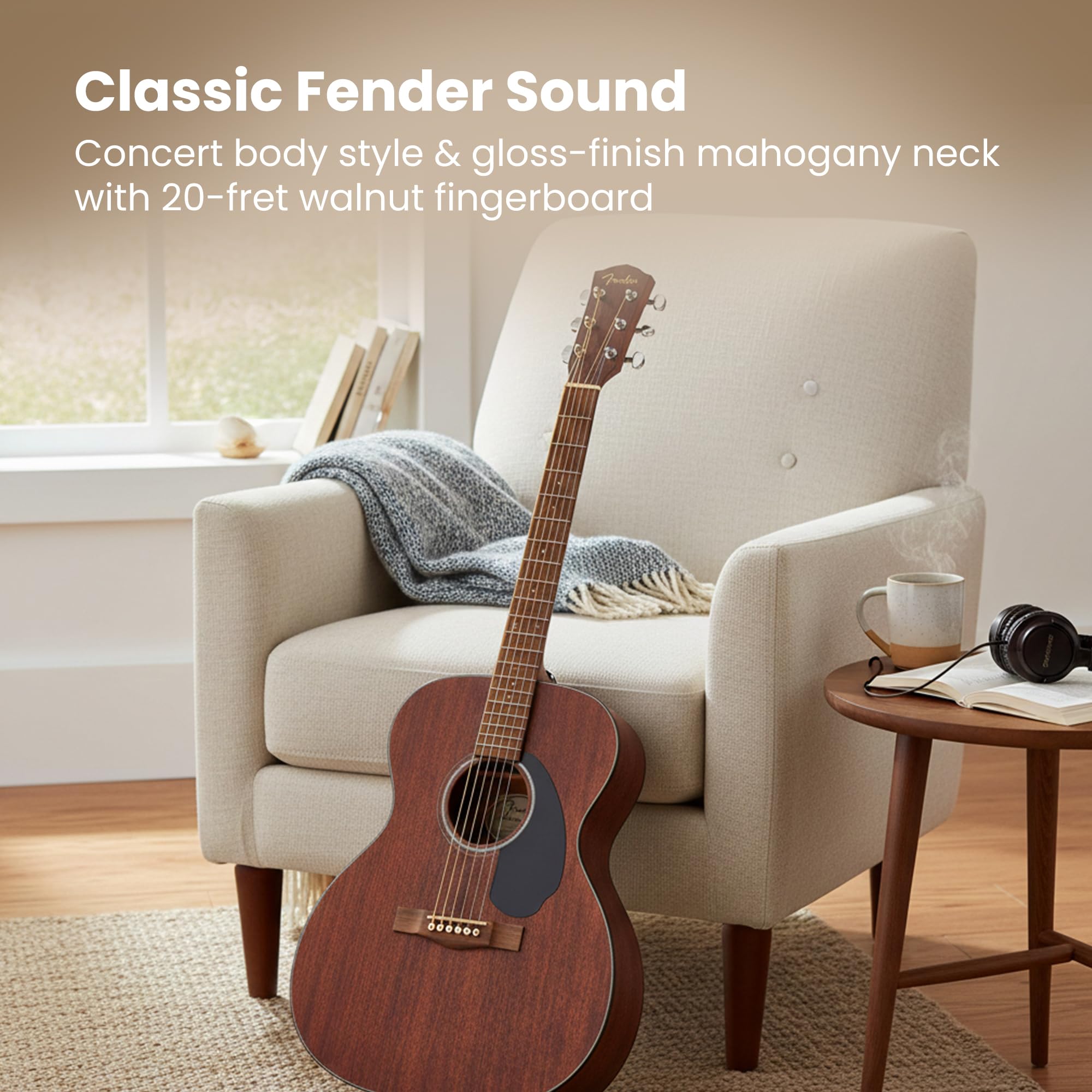 Fender CC-60S Solid Top Concert Acoustic Guitar – All Mahogany Bundle with Gig Bag, Tuner, Strap, Strings, Picks, and Austin Bazaar Instructional DVD