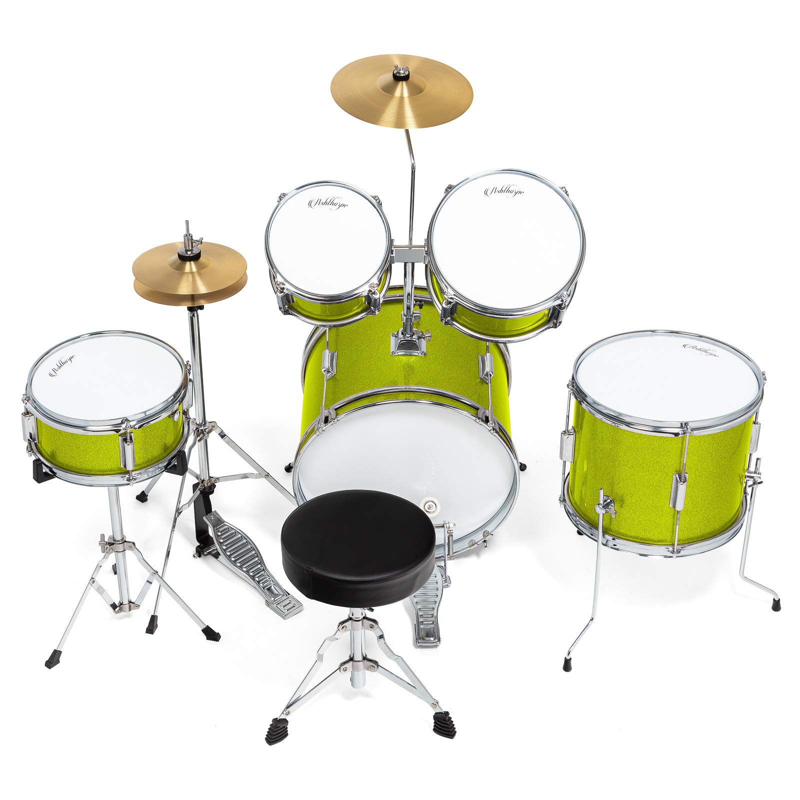 Ashthorpe 5-Piece Complete Kids Drum Set with Genuine Brass Cymbals – Junior Beginner Kit with 16″ Bass, Throne, Hi-Hats, Pedals & Drumsticks – Green