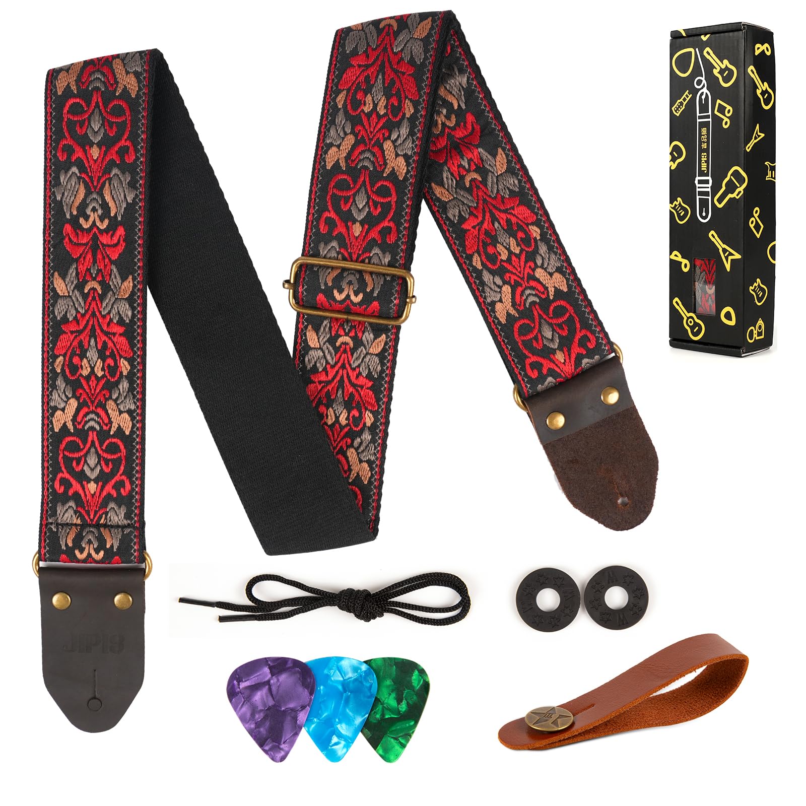 Guitar Strap,Jacquard Cotton Guitar Straps with Real Leather Ends for Acoustic,Electric Guitars and Bass,with Free 1 Head Strap, 2 Anti Slip Buckle and 3 Guitar Picks (GS-75-1 Deep Red Jacquard)