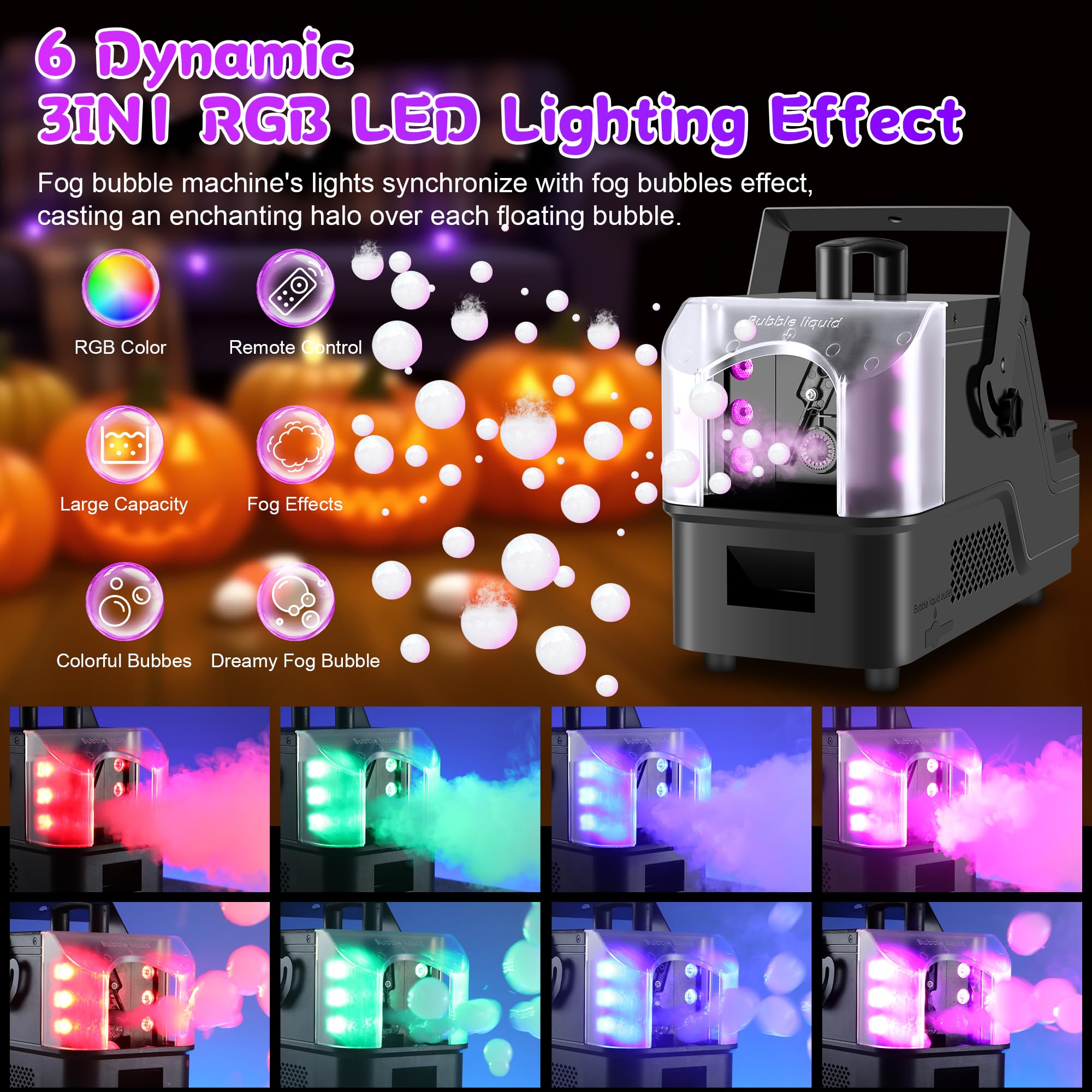 ENDYSHOW Fog Bubble Machine,900W 3IN1 Smoke Bubble Machine Maker with 6 Dynamic RGB LED Lighting Effect Remote&LED Display Control for Halloween Indoor&Outdoor Parties Birthday Wedding Show Stage