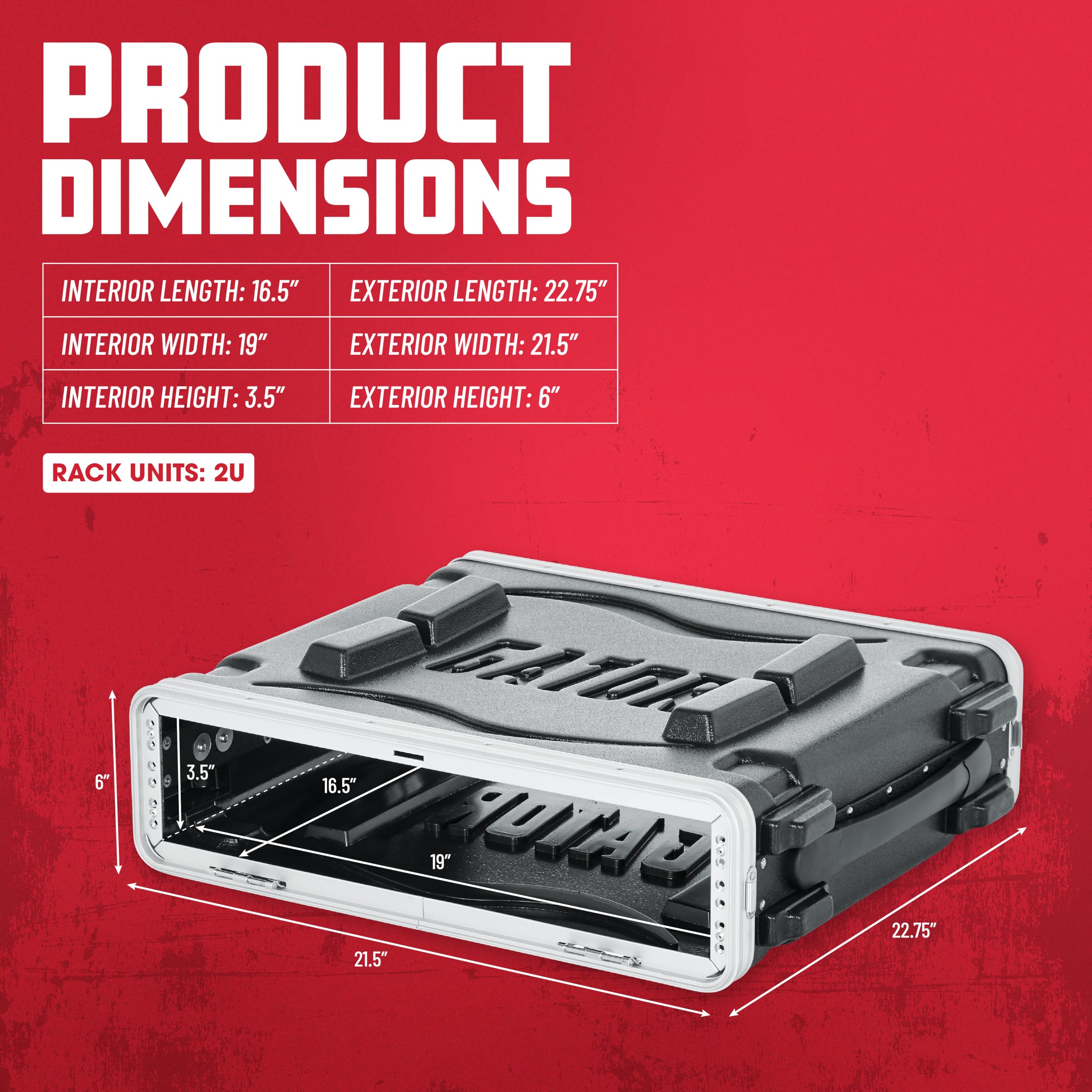 Gator Cases Soundcheck Series Lightweight Molded 2U Rack Case with Heavy Duty Latches, Standard 19.25′ Depth (GR-2L)