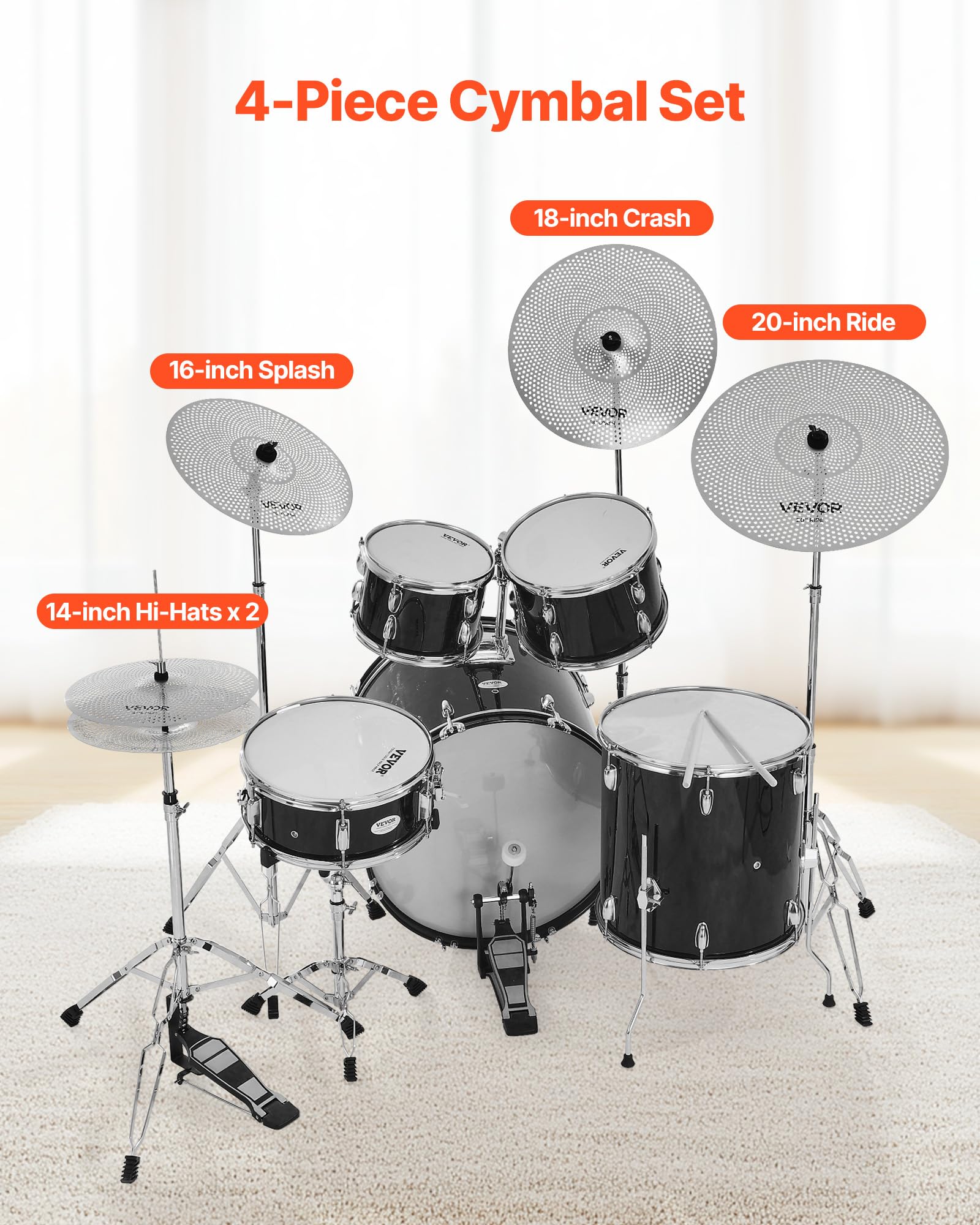 VEVOR Low Volume Cymbal Pack, 5Pcs Quiet Cymbals for Drum Set, 14” Hi-Hats, 16” Crash, 18” Crash, 20” Ride, Alloy Drum Cymbals Includes Free Drumsticks, Mute Pads & Bag, for Drummer Practice