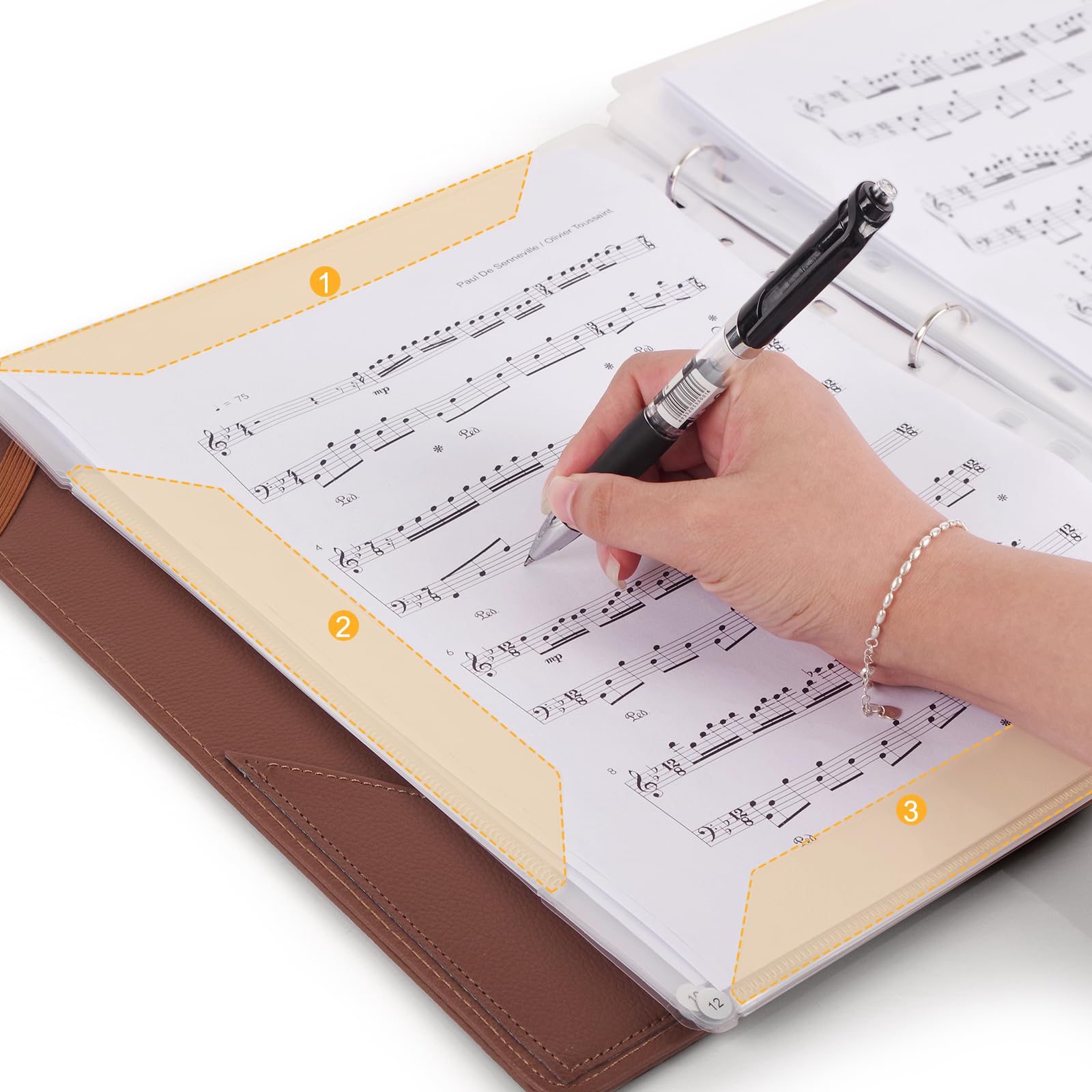 Rockhouse Sheet Music Folder, 3 Ring Binder Music Holder PU Leather Choir Folder 60 Pages Fit for Sheet Music Paper 8.5 x 11 Inch, Brown