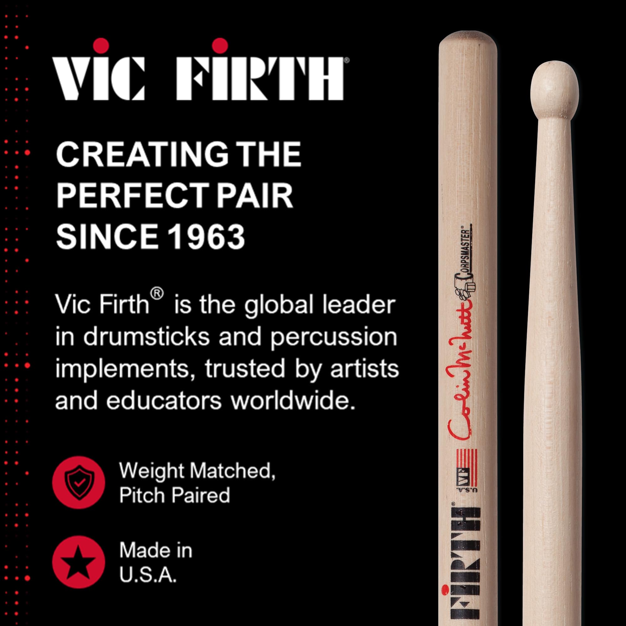 Vic Firth SCM Corpsmaster Signature Snare Colin McNutt Drumsticks – 12-Pack Bundle with Austin Bazaar Polishing Cloth