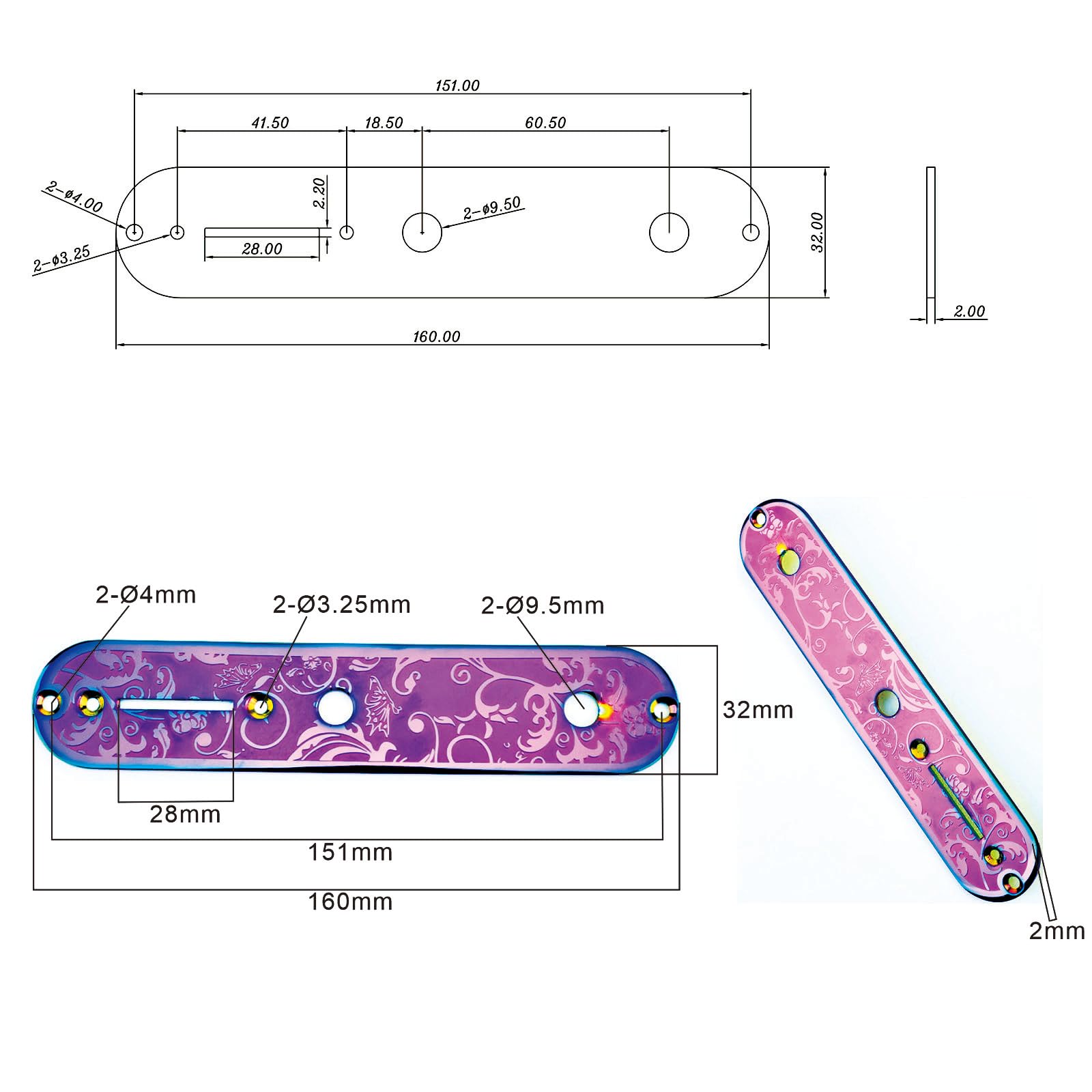 OVSAL Stainless Steel Engraved Telecaster Control Plate 2-Hole Mount 9.5mm (3/8″) CNC Electric Guitar Control Plate Compatible with Most Fender Tele Style Guitar Replacement Parts(Purple)