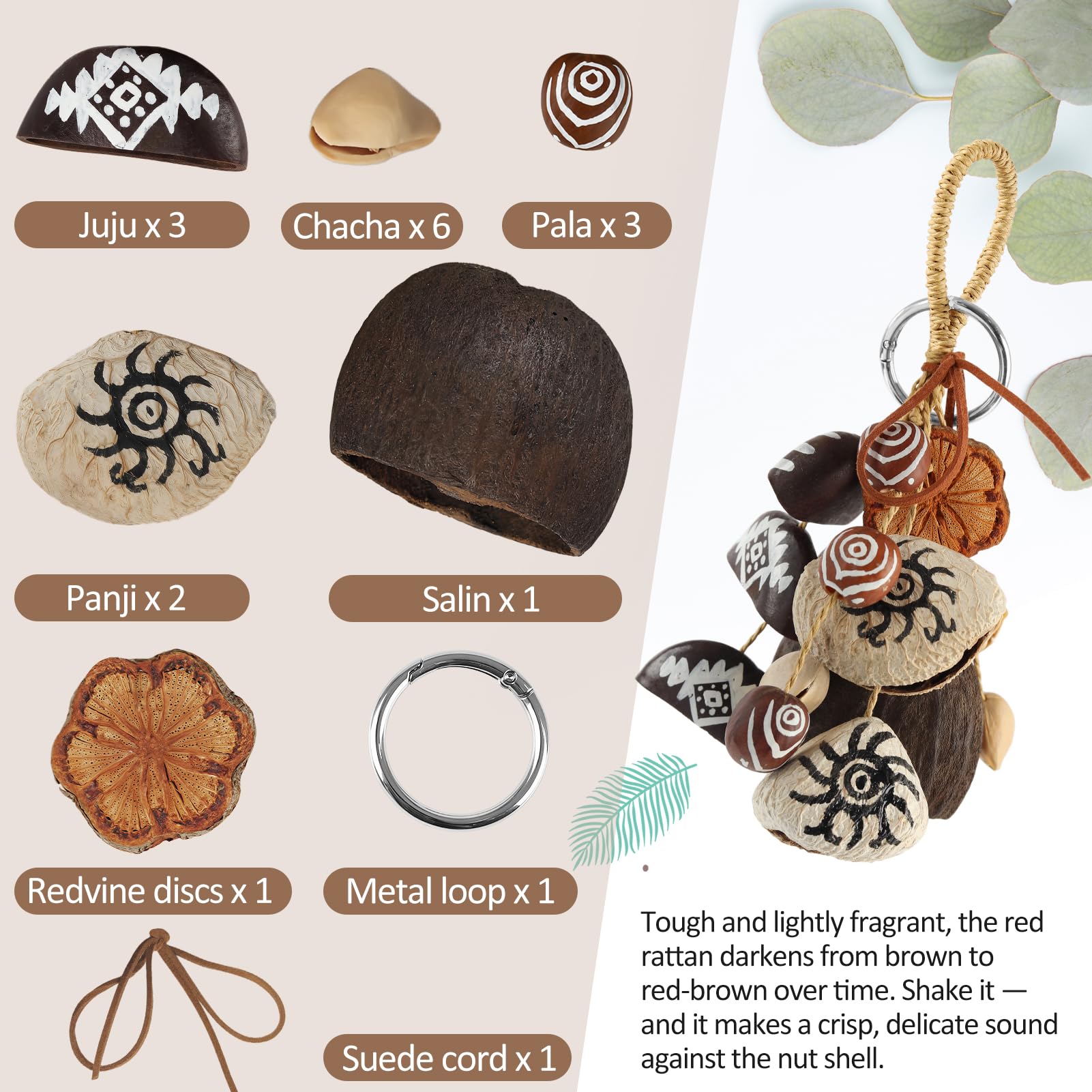 GOGHOST African Natural Cacho Seed Rattle Hand Percussion Gifts, Musical Instruments Bag Charm Car Decor Home Decoration Juju, Chacha, Pala, Panji, Salin(Mixed Nutshells)