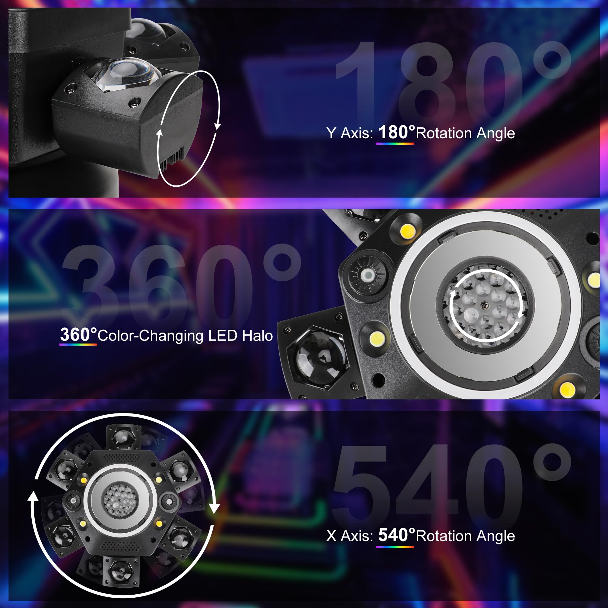 Sklydron Moving Head DJ Lights with Abyss Tunnel Beam Effect,540°X & 180°Y Multi-head rotating beam,6-Arm Stage Lights with Ring Light Supports Starlight,Sound Activated for Disco Club Wedding Party