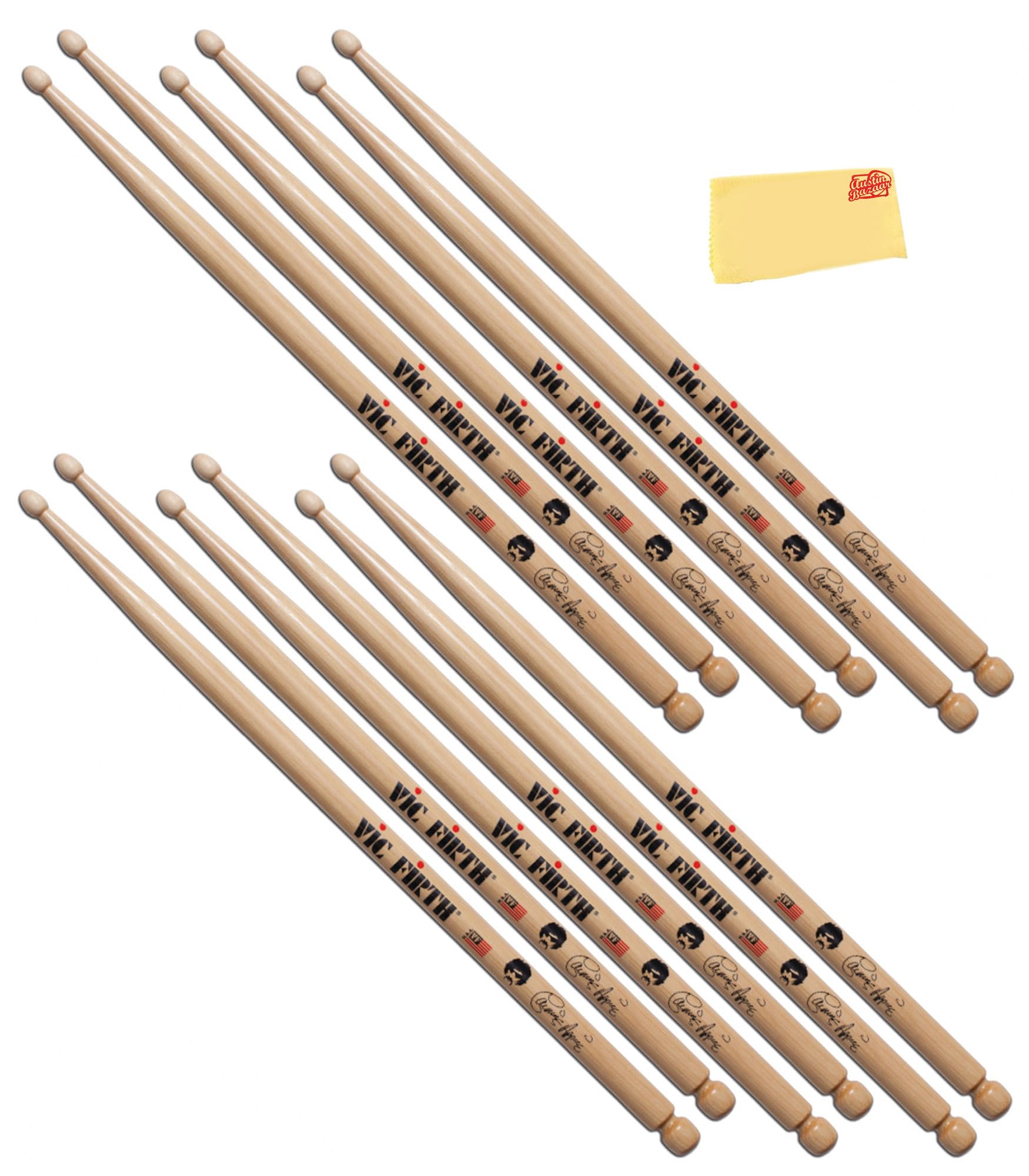 Vic Firth Signature Series Carmine Appice Drumsticks – 6‑Pack Bundle with Austin Bazaar Polishing Cloth