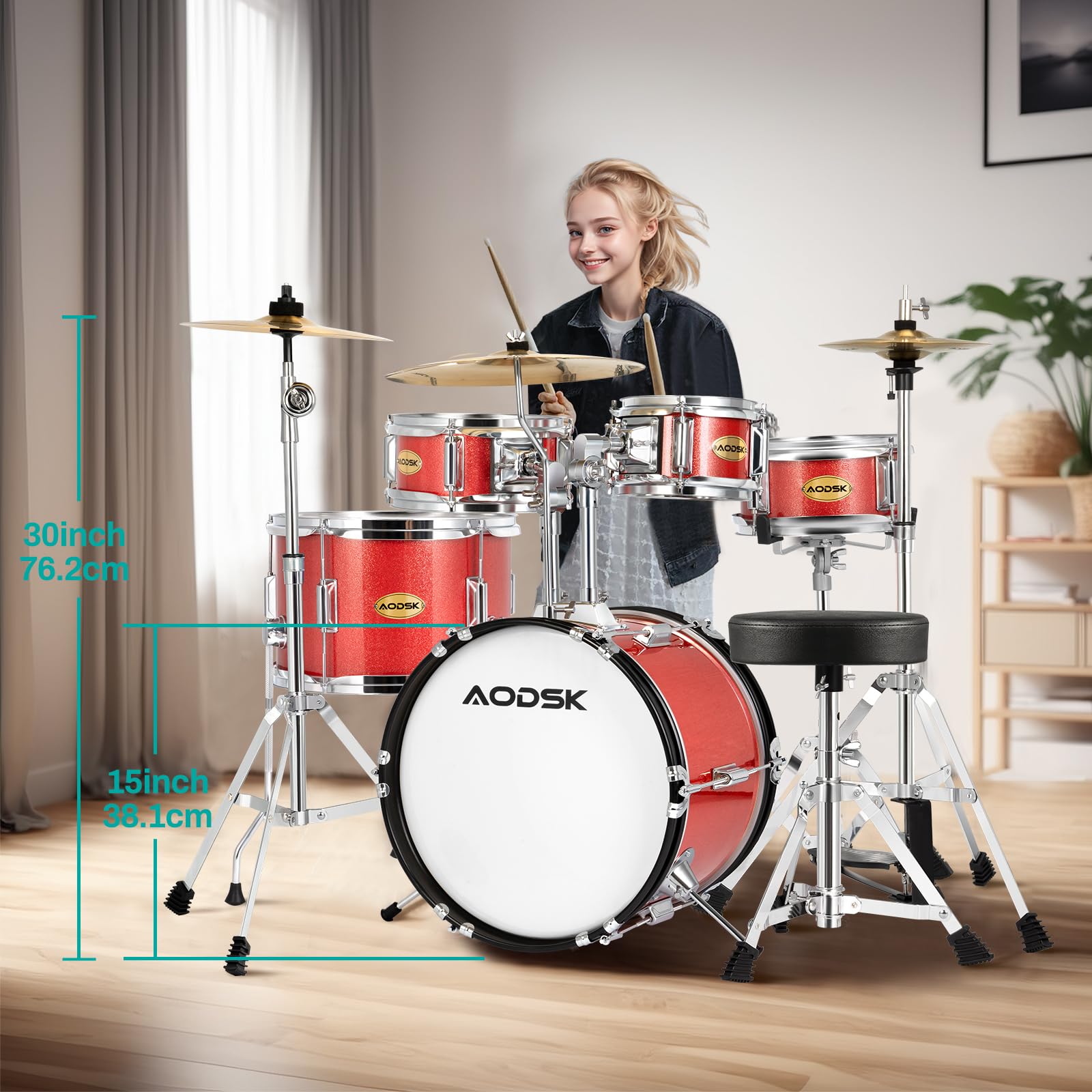 AODSK 5-Piece 14″ Junior Drum Set with Throne, Cymbal Hi-Hat+Sticks, Red