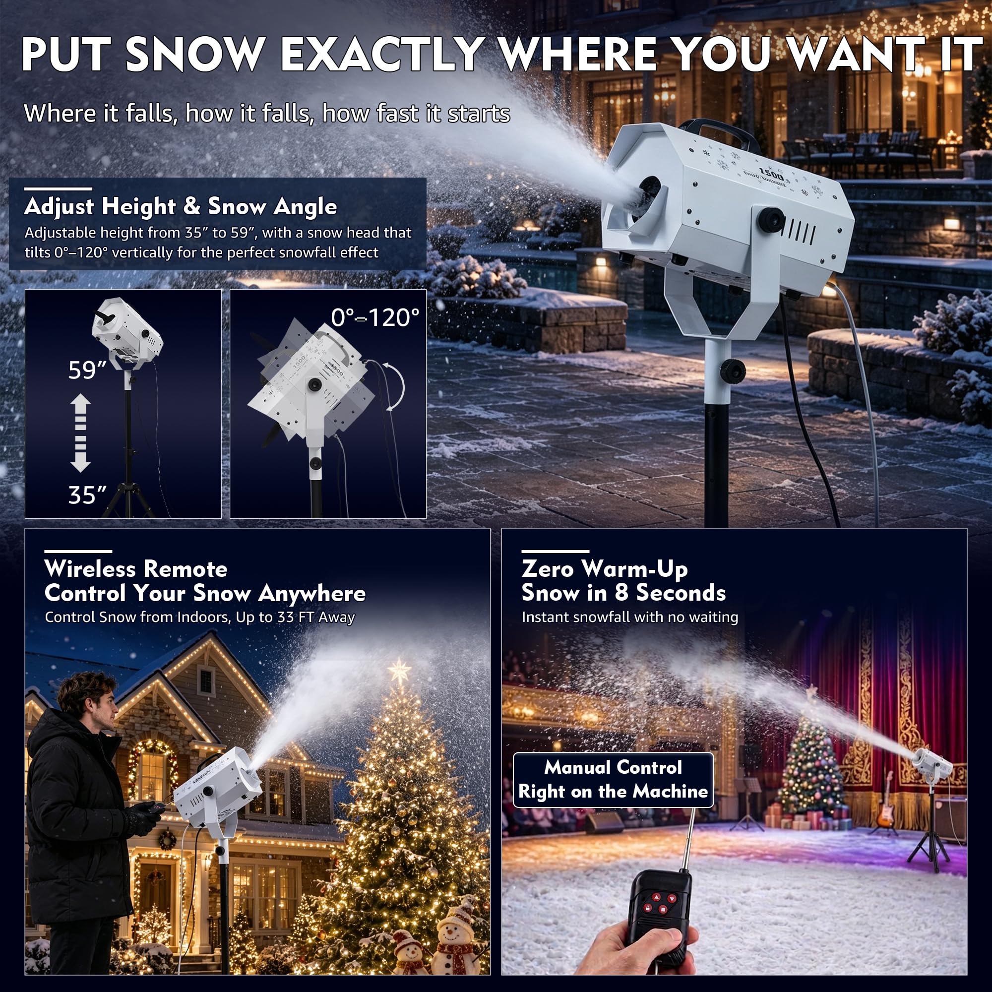 Snow Machine, 1500W Artificial Snow Making with Wireless Remote, Adjustable Snowflake Size & 59–69″ Stand, Snow Generator Fake Snow Maker for Christmas, Parties, Weddings & Holiday Events