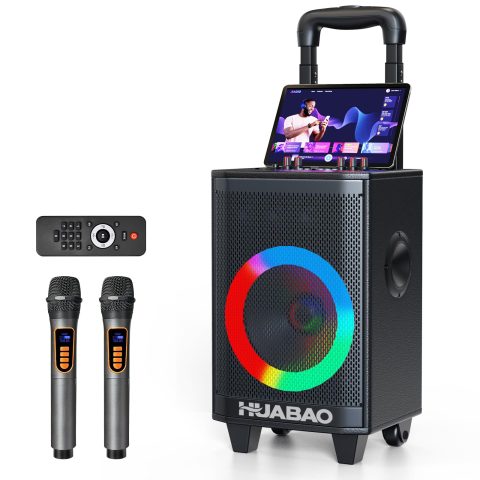 Portable Karaoke Machine with 2 Wireless Microphones, Bluetooth Speaker with Lights and Trolley Wheels, 6600mAh Rechargeable PA System, FM/AUX/USB/TF, Remote, Bass/Treble/Echo Adjust, Ideal for Party