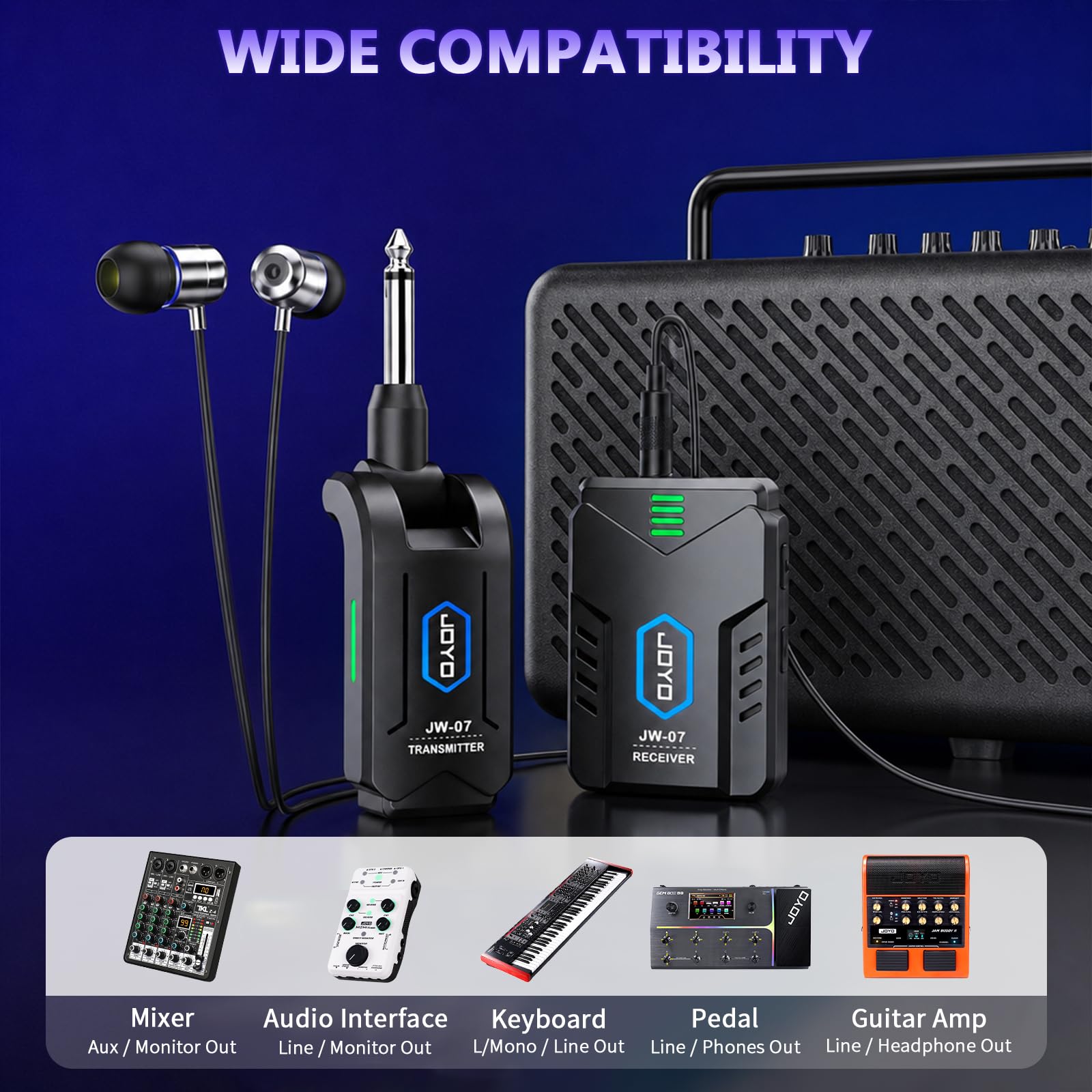 JOYO Wireless in Ear Monitor System Upgraded 2.4G Mono Rechargeable IEM Transmitter Clip on Receiver Auto Pairing for Singer Practice Rehearsal and Small Live Use (JW-07 New Version)