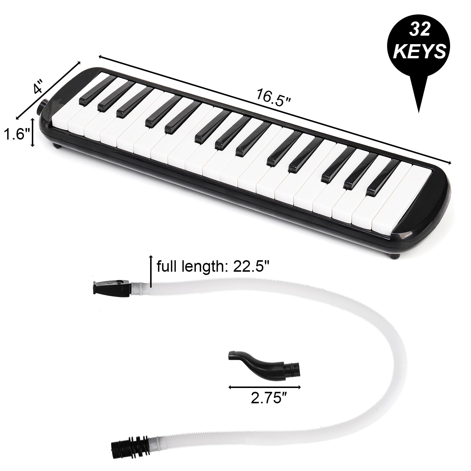 Tosnail 32 Key Melodica with Carrying Bag, Double Tubes Mouthpieces, Wipe Cloth, Air Piano Keyboard Musical Instrument for Beginners, Adults – Black