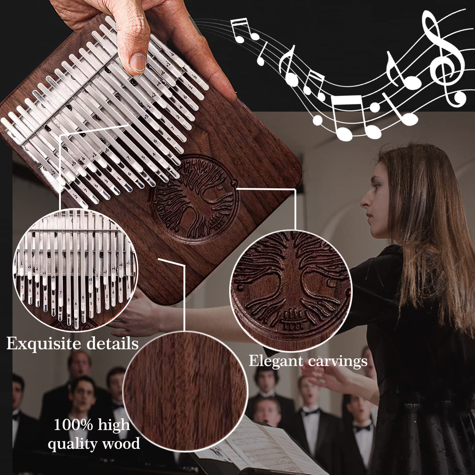 HLURU 38-Key Double-Row Kalimba Thumb Piano with Pickup, Walnut, Life Tree