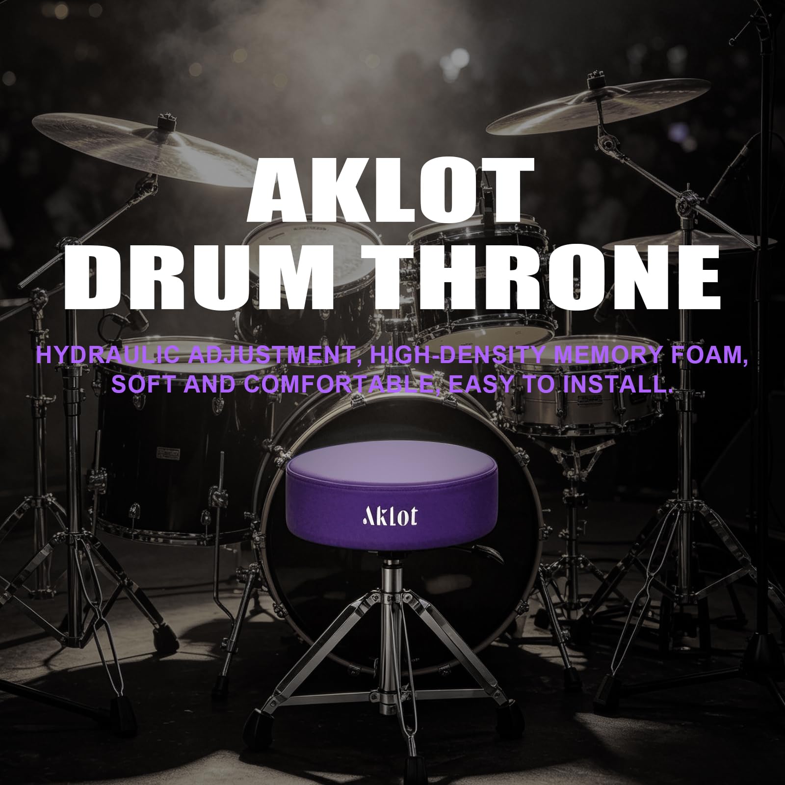 AKLOT Drum Throne, Hydraulic Round Drum Stool, 4.1in Memory Foam Seat, Adjustable Heavy Duty Chair 440 lbs Capacity for Adult Drummer Drum Set Practice, Recording and Live Performance Purple
