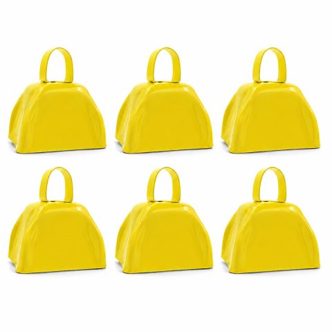 The Dreidel Company Yellow Metal Cowbell Noisemaker Cheering Bell, New Years, School Classroom, Wedding Bells & Chimes Percussion Musical Instruments Call Bell Alarm, 3″ (6-Pack)