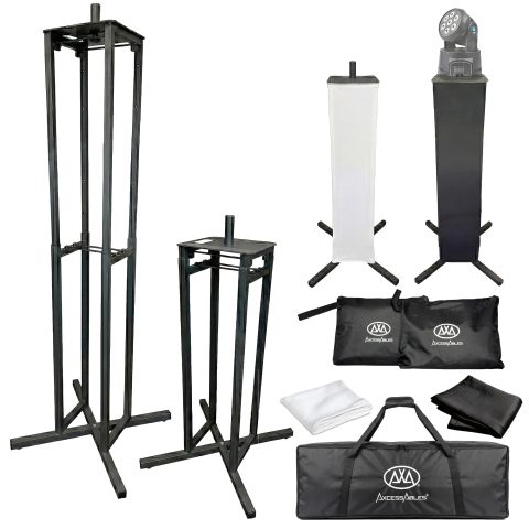 AxcessAble Two (2) Moving Head Light Black Stands with White/Black Scrims, Portable DJ Lighting Stands with Carrying Bag and EVA Pads – Adjustable Height Up to 70.5″ (2-Stand Pack)