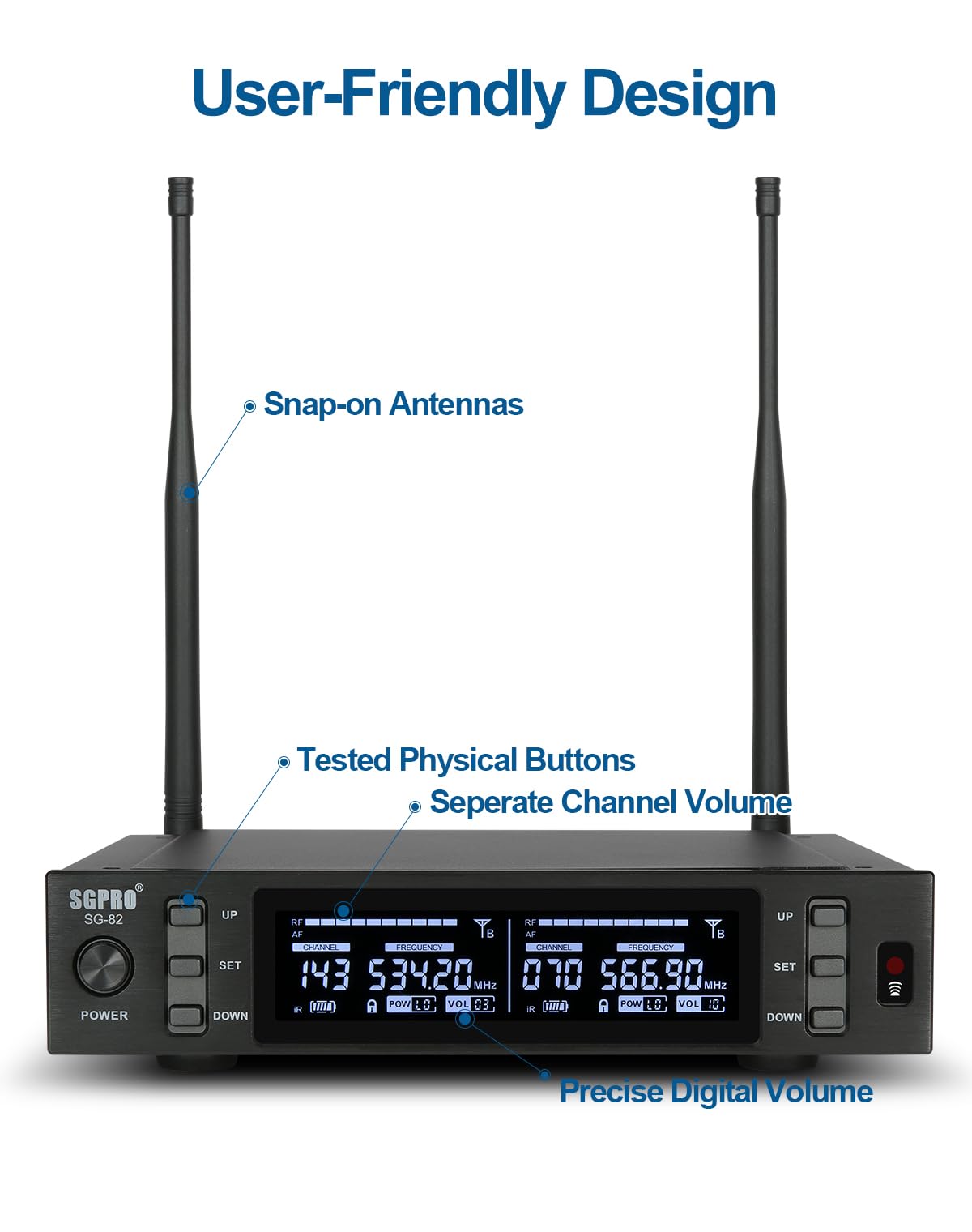 SGPRO SG-82BB Dual Wireless Microphone System, 520-590 MHz