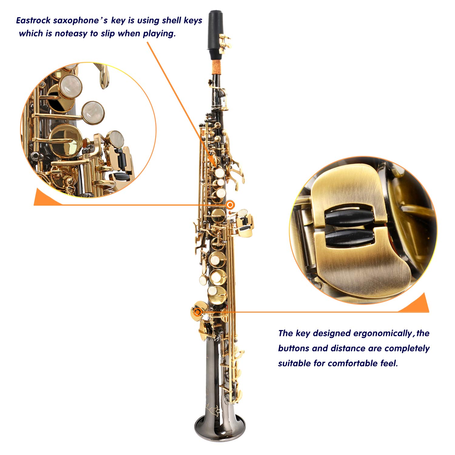 EASTROCK Bb Straight Soprano Saxophone Black Nickel for Beginners Students