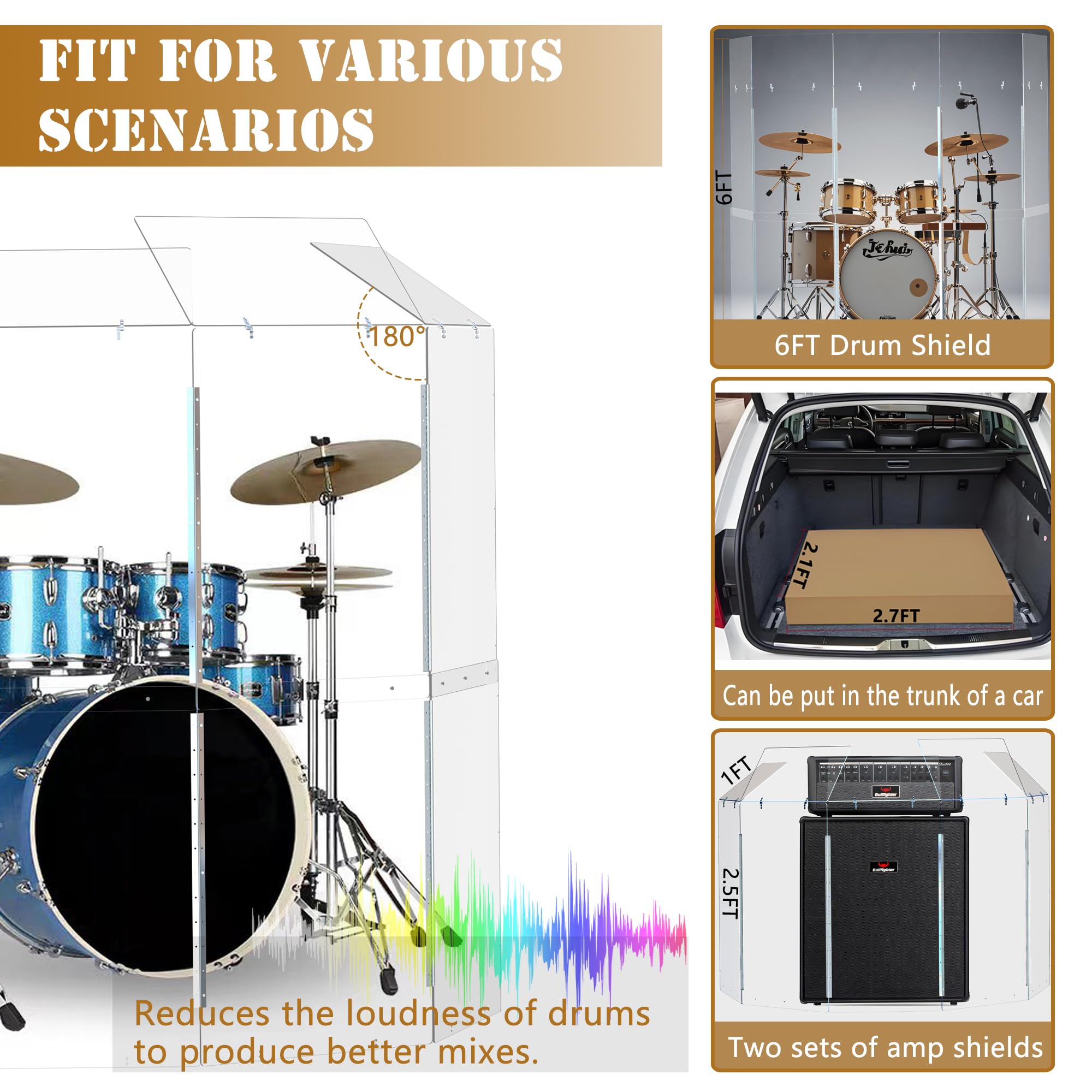 Portable Drum Shield | 5 Panels 2ft x 5ft w/Deflectors | Converts to 2ft x 6ft | Factory-Installed Full-Length Stainless Steel Hinges | Acrylic drum Sound Barrier (5 Panels w/Deflectors)