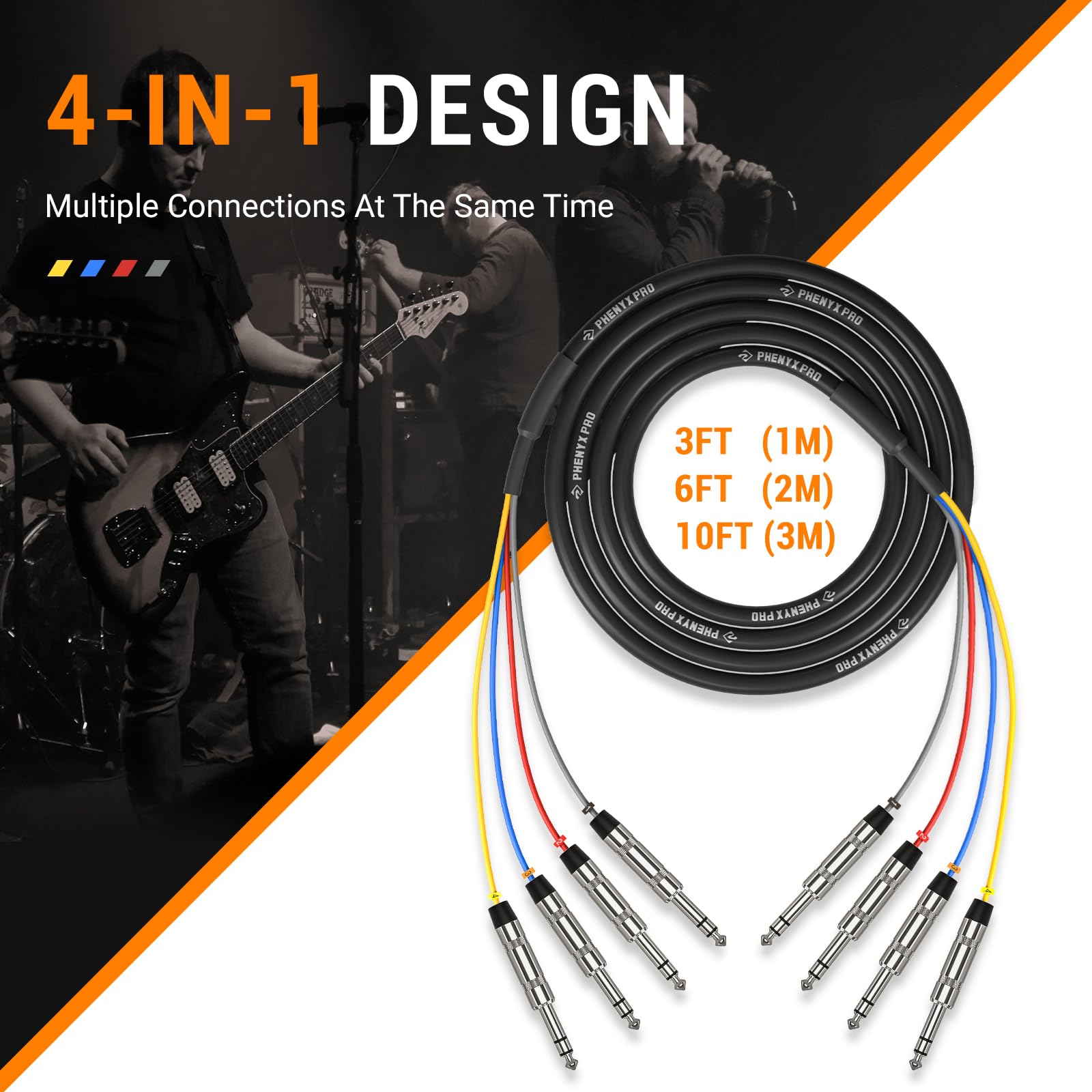 Phenyx Pro 4-Channel 1/4” TRS Snake Cable 10 ft PCBL-QR4IN1-10