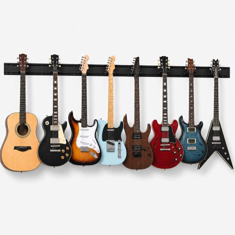 Guitar Wall Mount for Multiple Guitars, Adjustable Guitar Wall Rack with Rubber Cradles & Fixed Clips, Aluminum Guitar Hanger Organizer for Acoustic Electric Guitar, Bass, Violin, Ukulele Storage Display- 8 Hangers